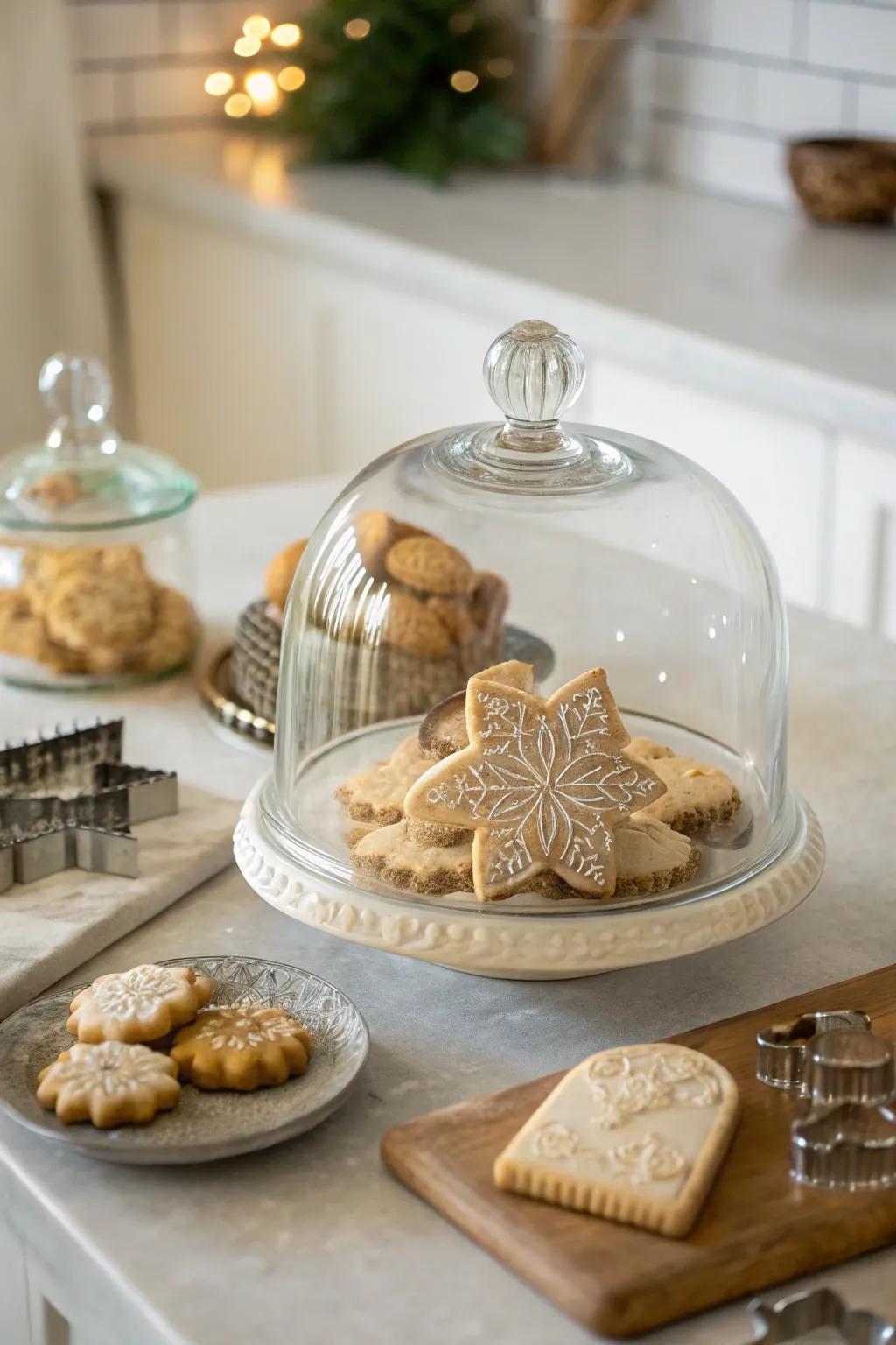 Vintage cookie cutters displayed under a glass cloche.