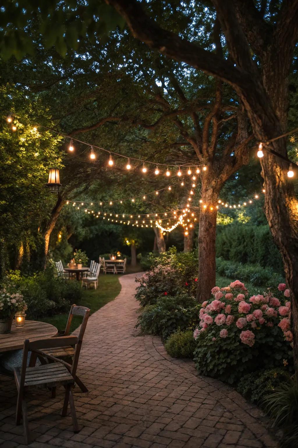 Magical fairy lights illuminating the garden.