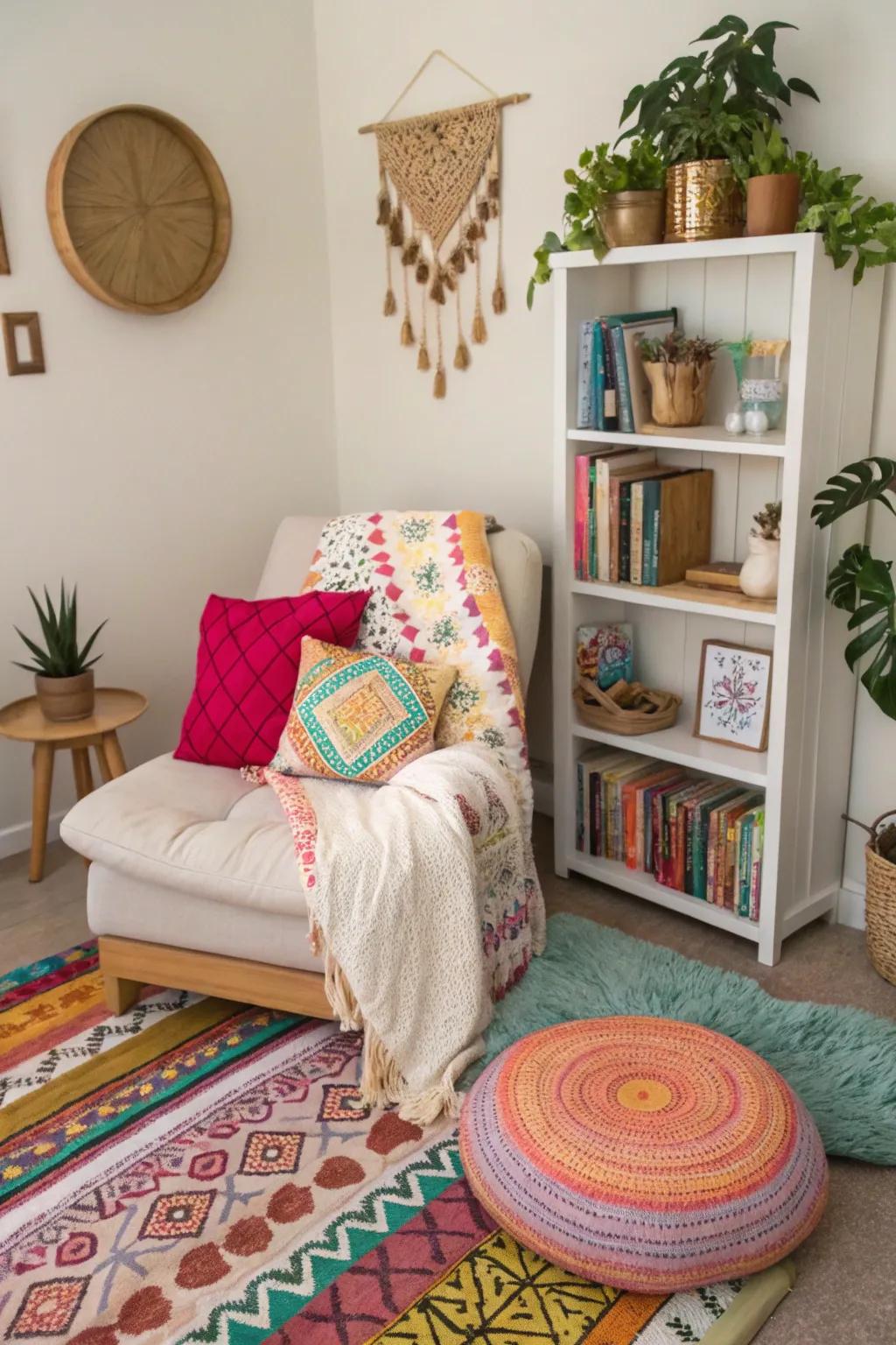 A boho reading nook invites relaxation and personal style.