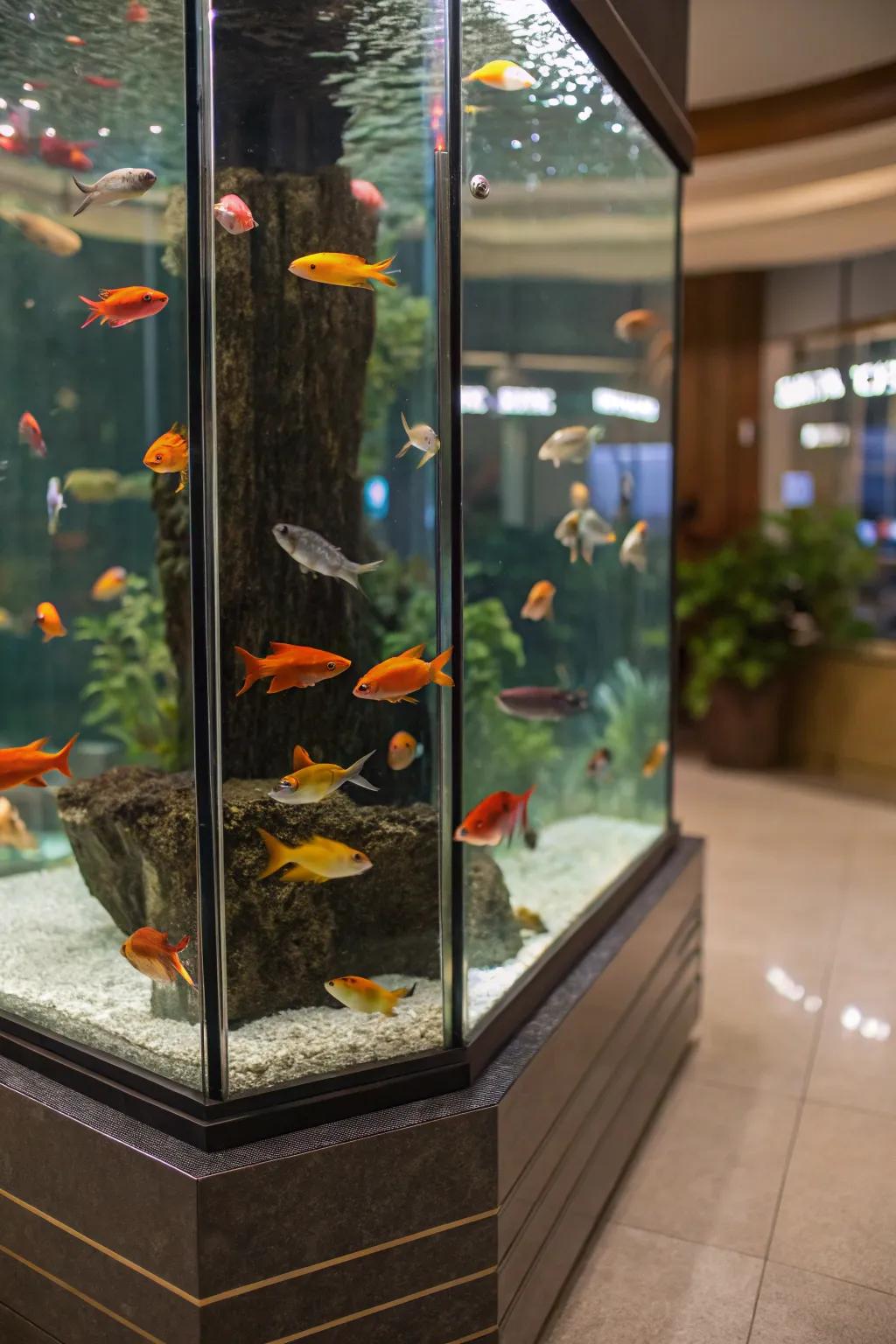 Mirrors enclosing a tank evoke a wondrous sensation of vastness.