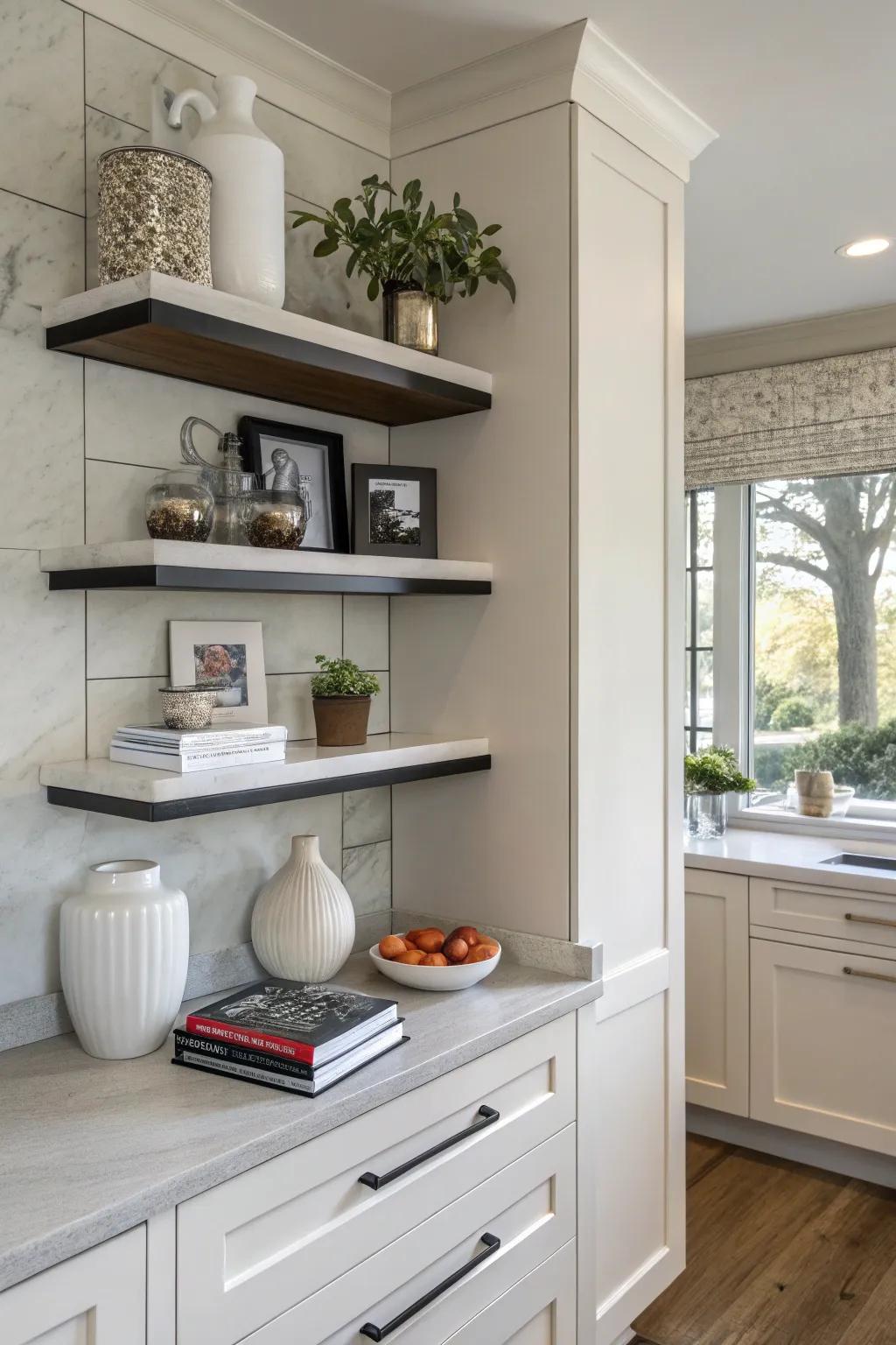 Floating shelves offer a contemporary and stylish storage solution.