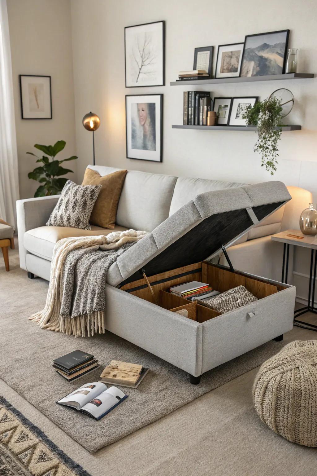 Maximize space with a corner sofa that offers hidden storage solutions.