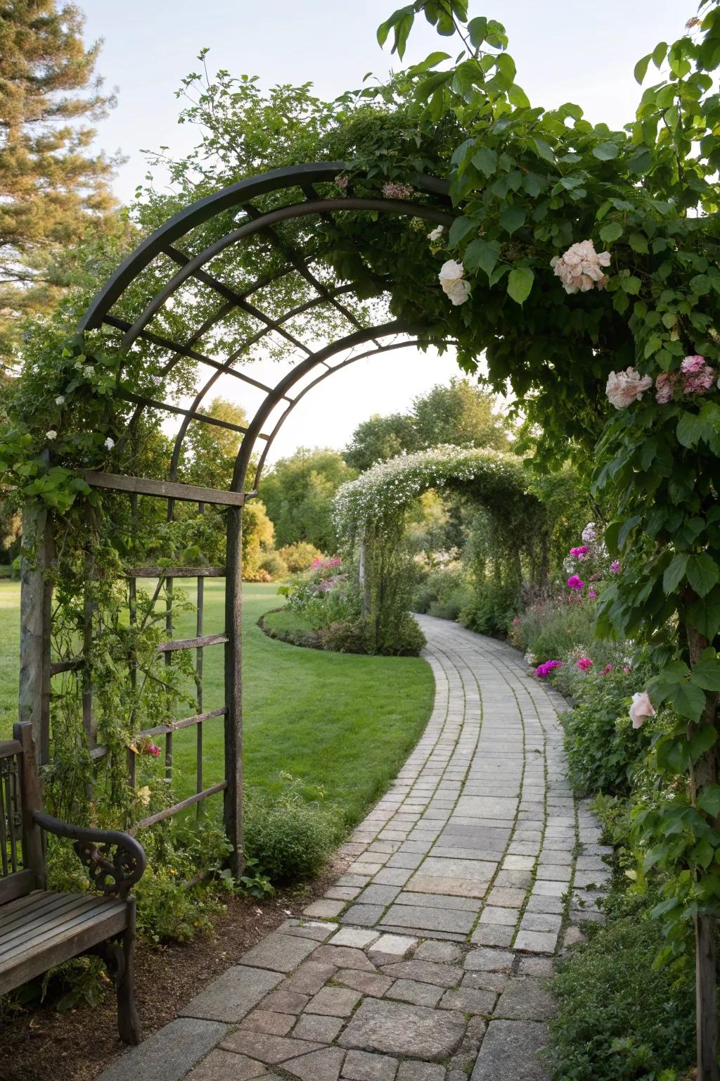An inviting garden ingress marked by a trellis arch.