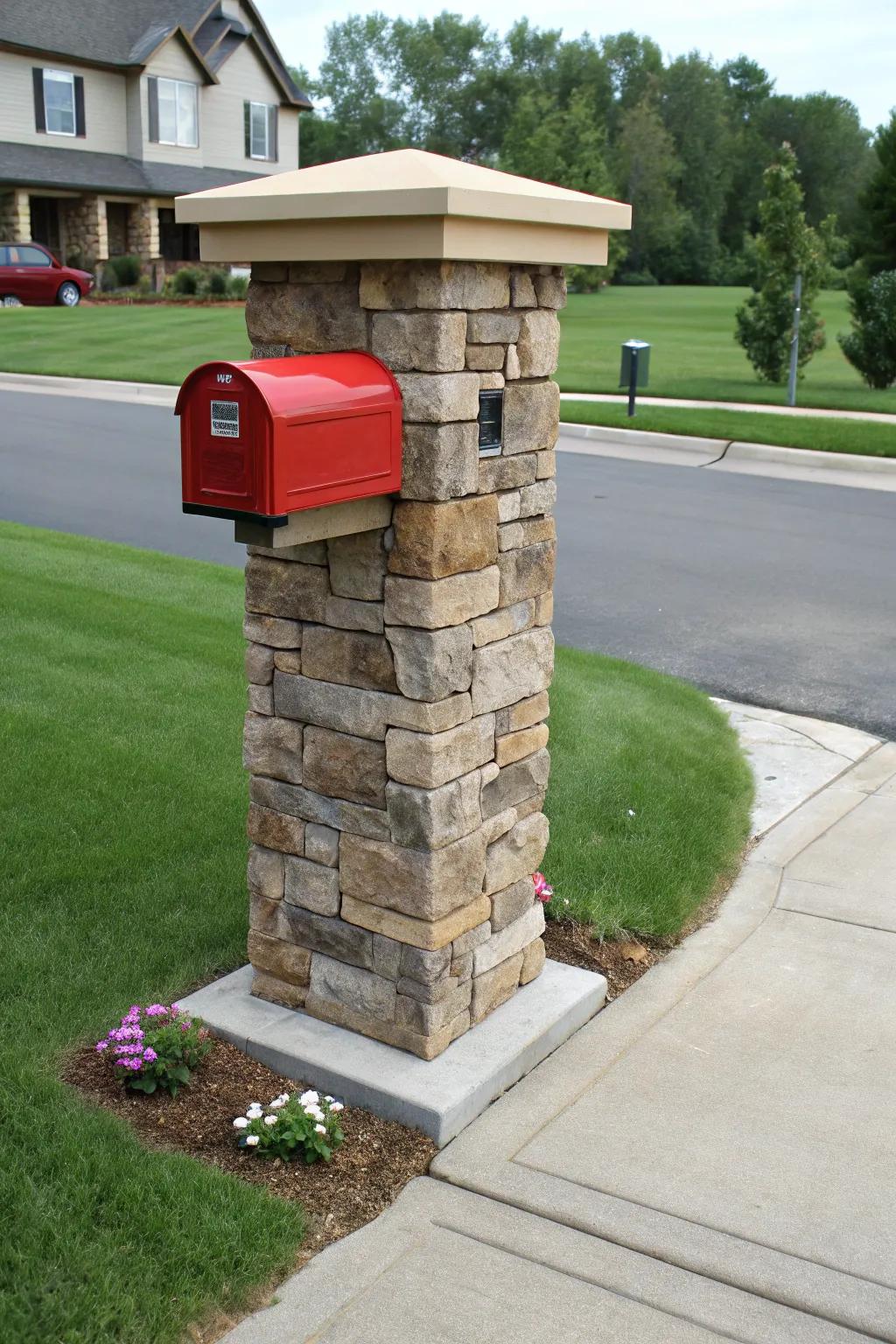 A stone column mailbox represents timeless elegance.