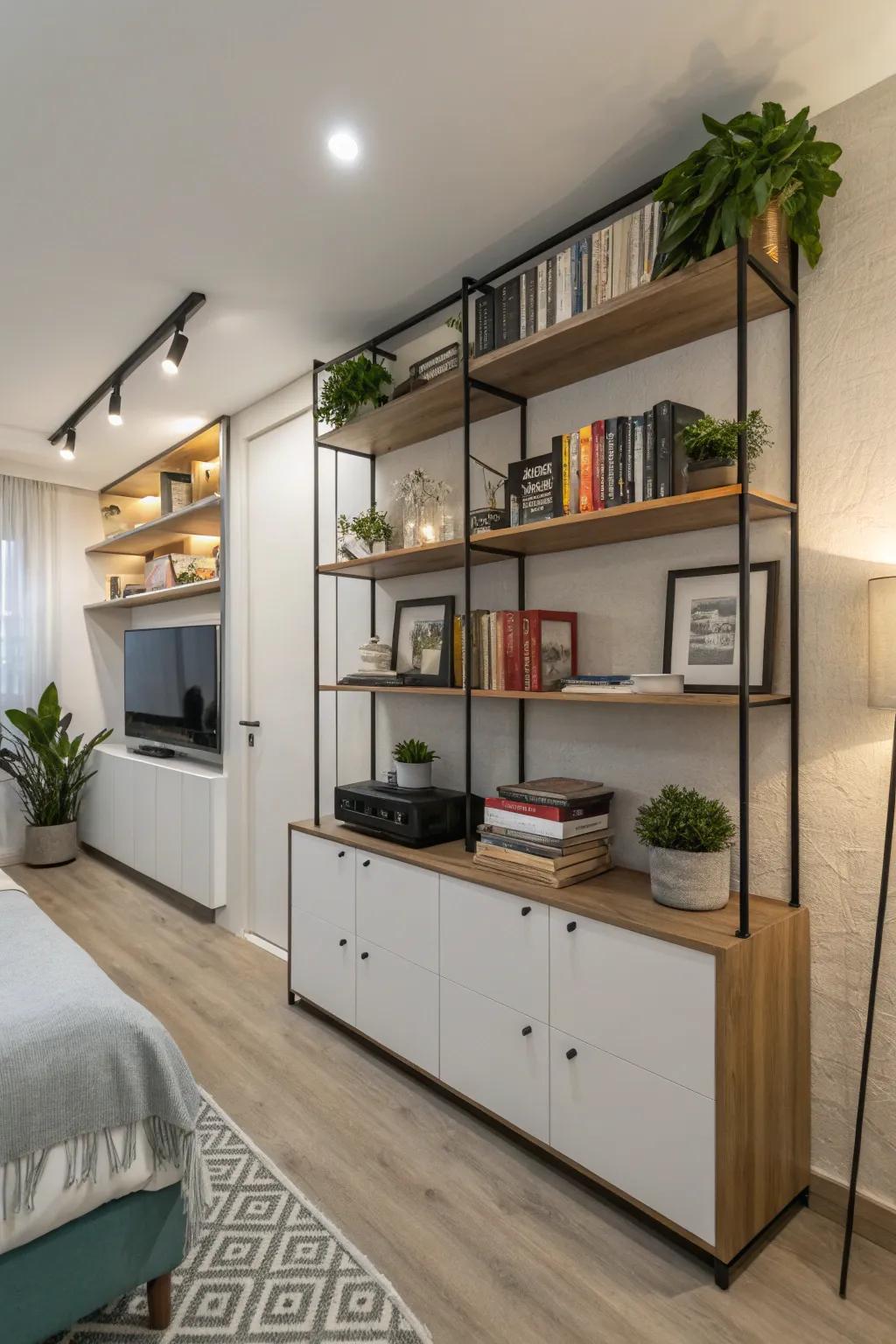 Wall-mounted shelves for effective storage.