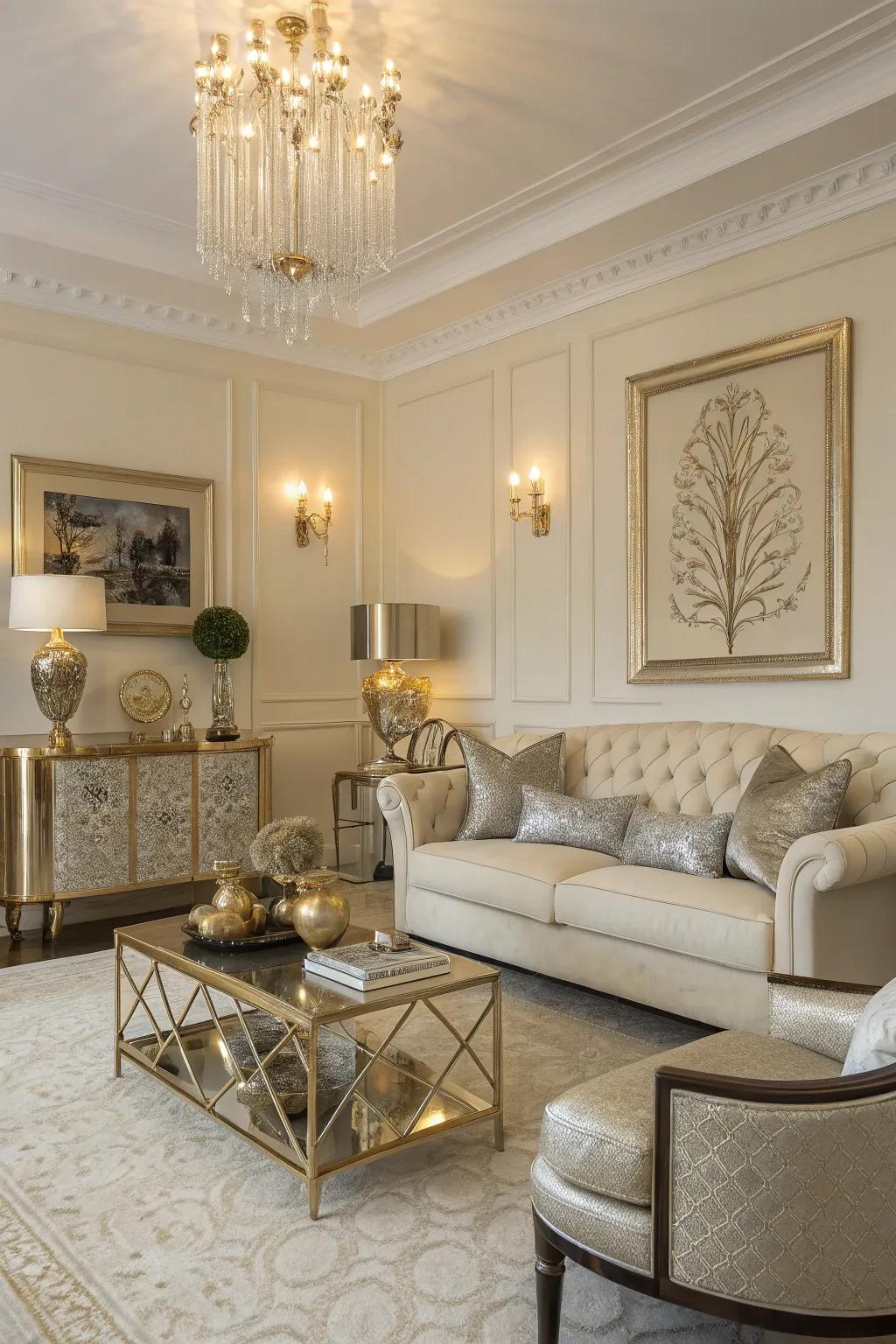 Metallic accents infuse a touch of luxury into cream spaces.