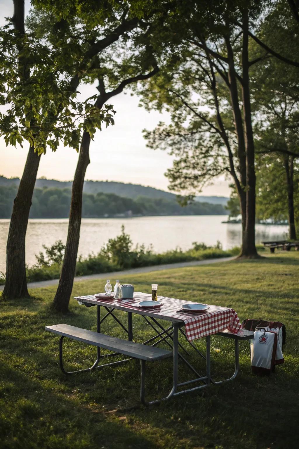 A folding picnic table, ideal for portable outdoor dining experiences.