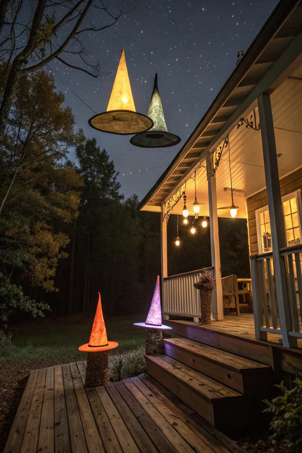 Floating wizard hats enchant the night.