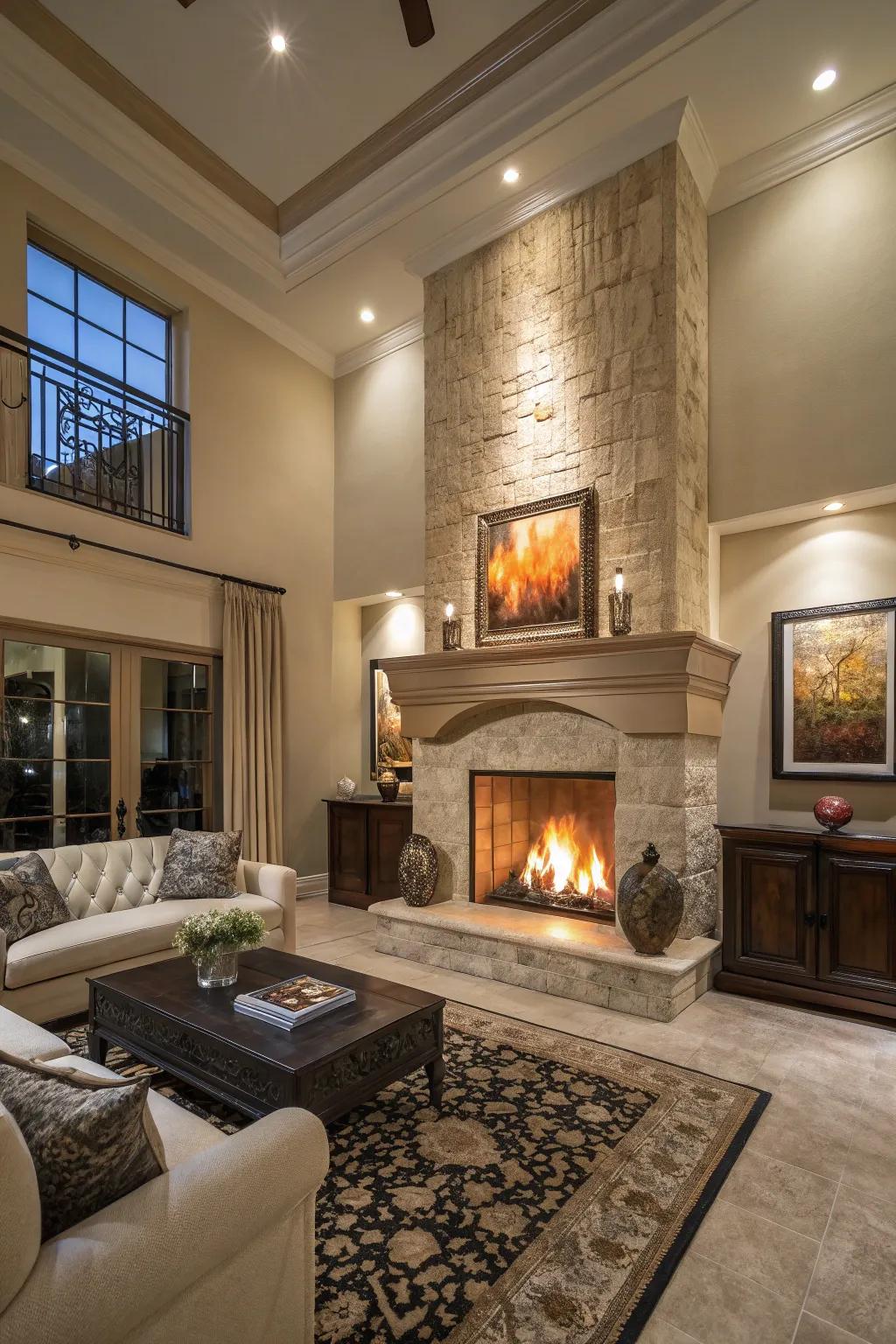 A full-height hearth that adds architectural drama.