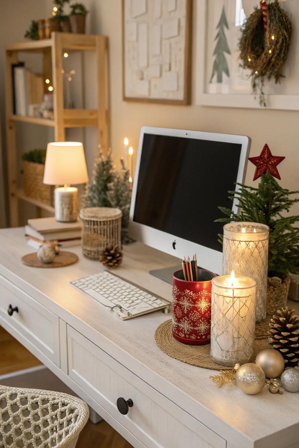 A desk with seasonal decor items for a festive touch.