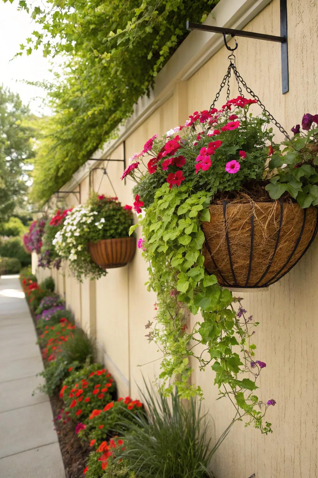 Hanging baskets add vertical interest and lushness to your garden.