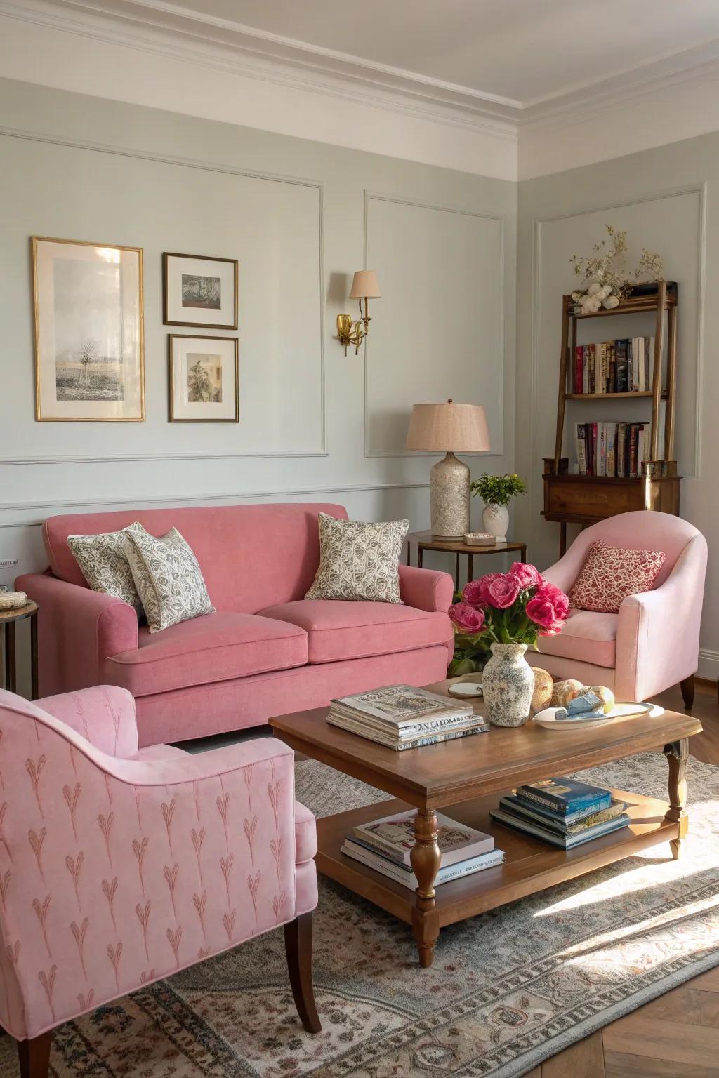 Rose and subdued tones merge to create a polished shared space.