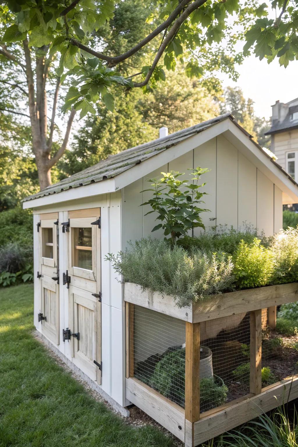 Elevate your garden with a chic coop: where minimalist design meets the charm of a flourishing herb garden.