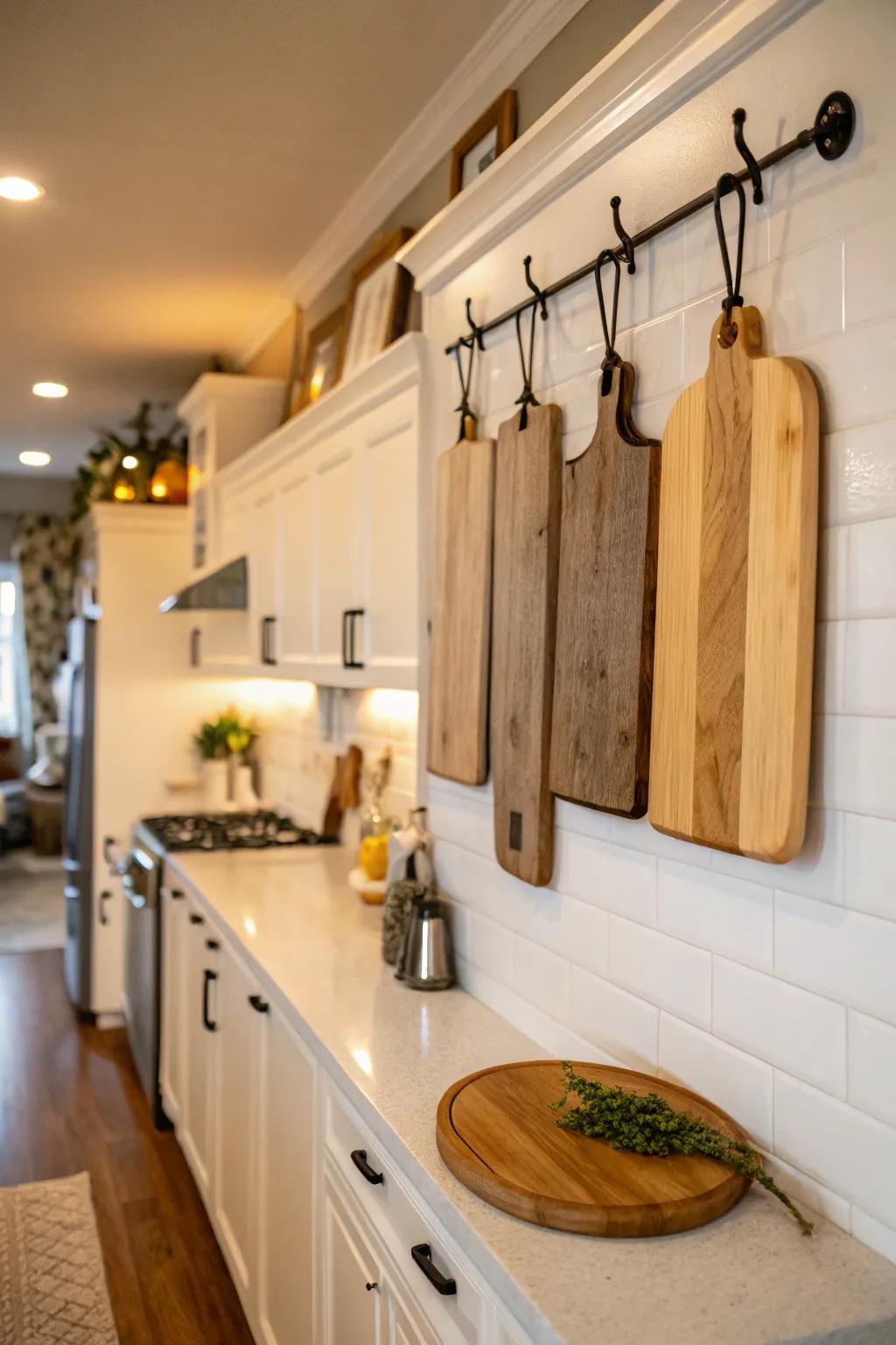 Hanging display for cutting boards adding warmth to the kitchen.