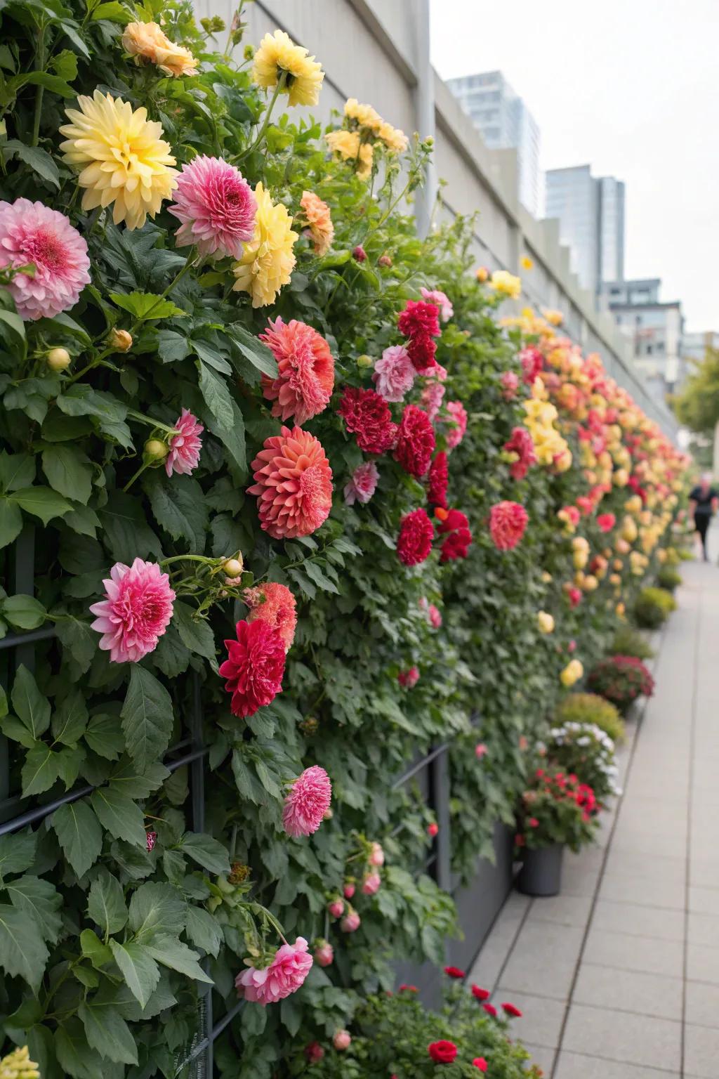 A vibrant living wall of dahlias.