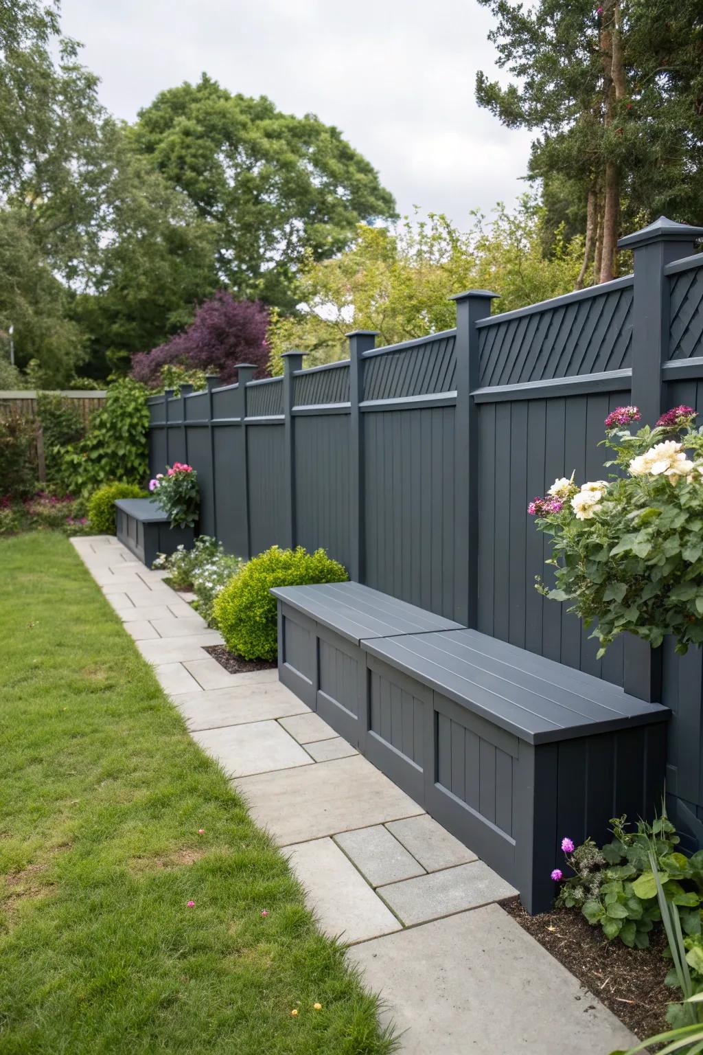 A deep charcoal boundary with built-in benches offers seating and storage solutions.