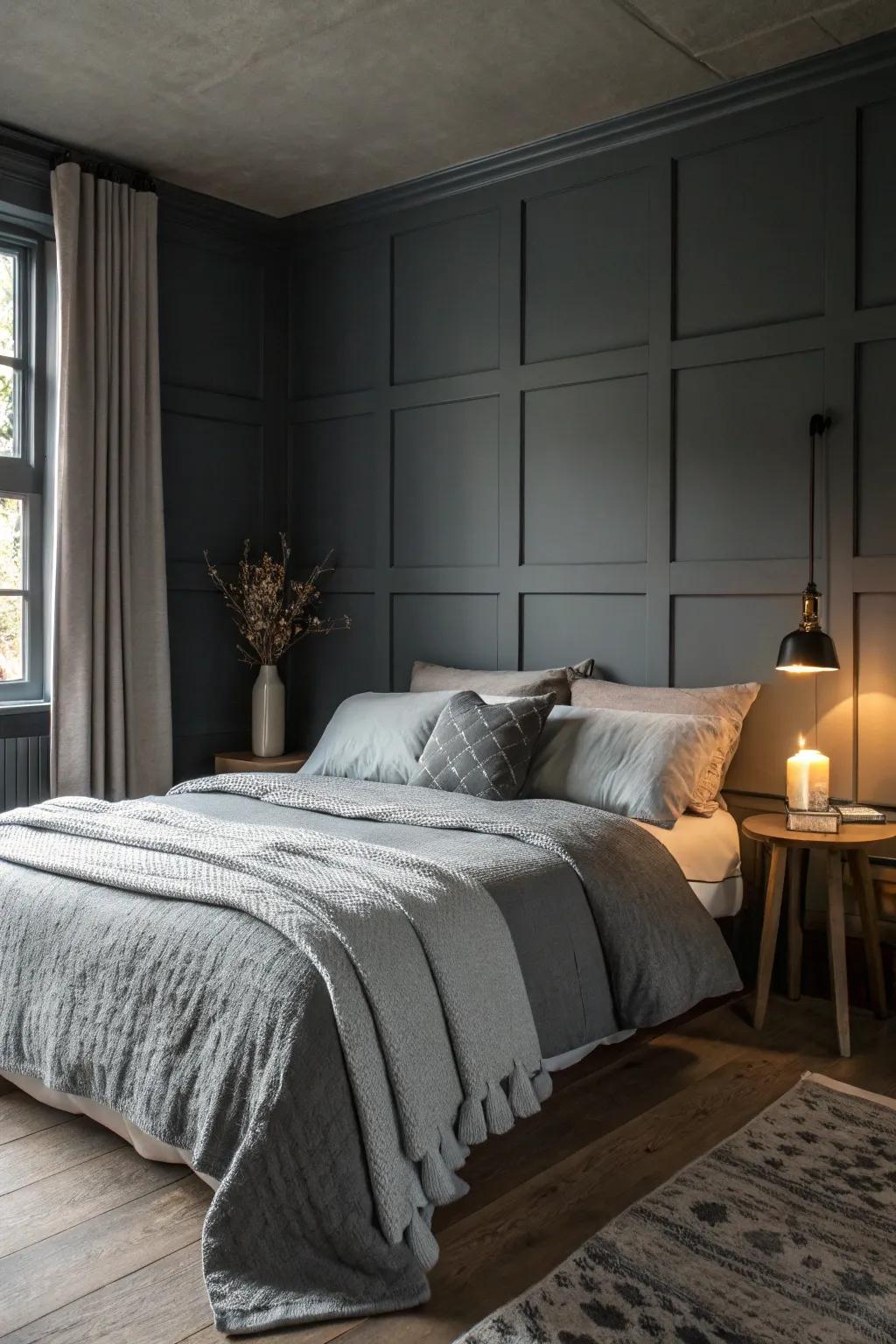 Layered grey bedding adding depth to a bedroom.