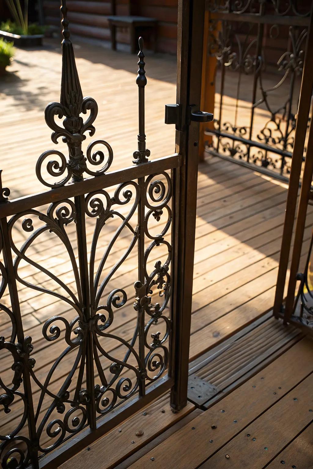 Unveil timeless elegance with a wrought iron gate that transforms your deck into a masterpiece of craftsmanship.