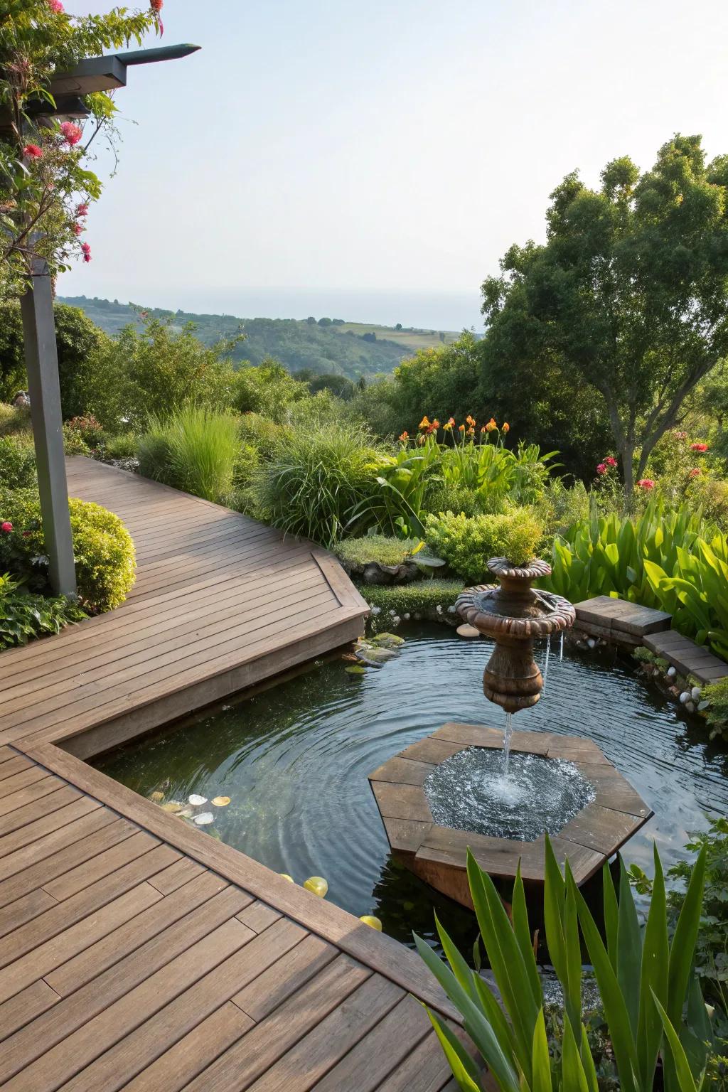 A deck with a water feature, adding a touch of tranquility and elegance.