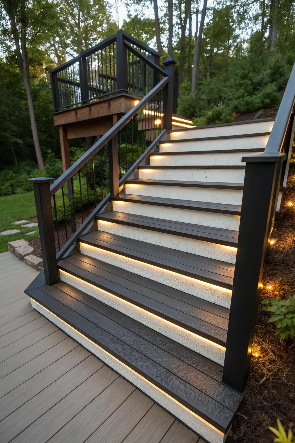 Deck stairs featuring contrasting colors for a striking visual.