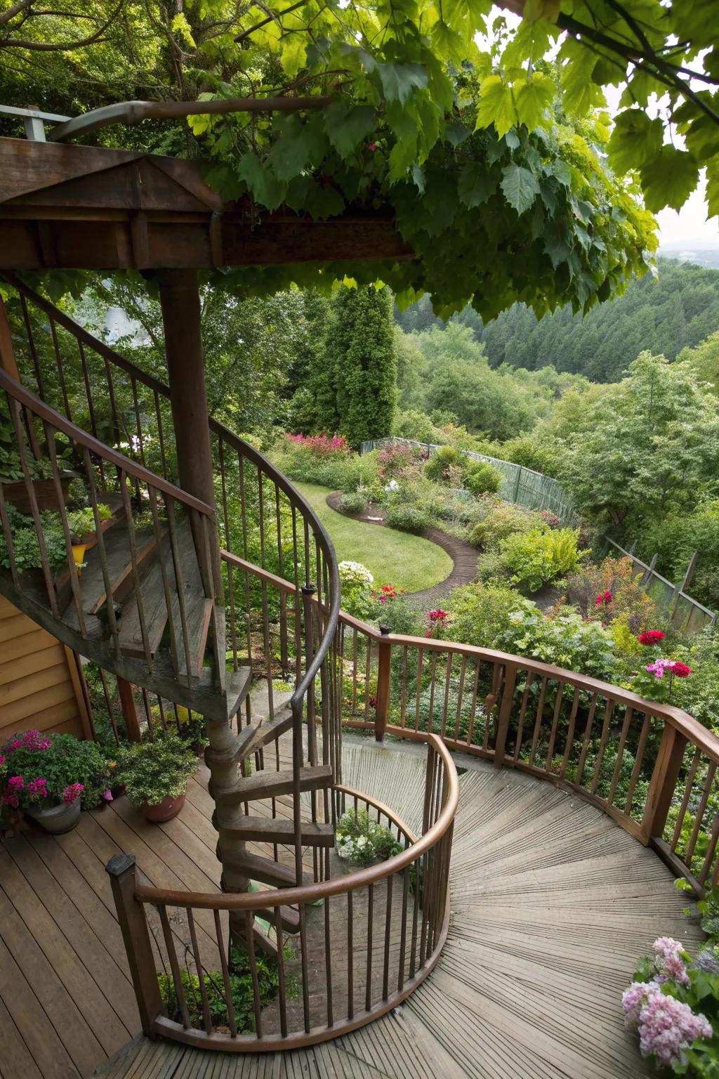 A spiral staircase adds elegance and utility to this multi-tiered patio.