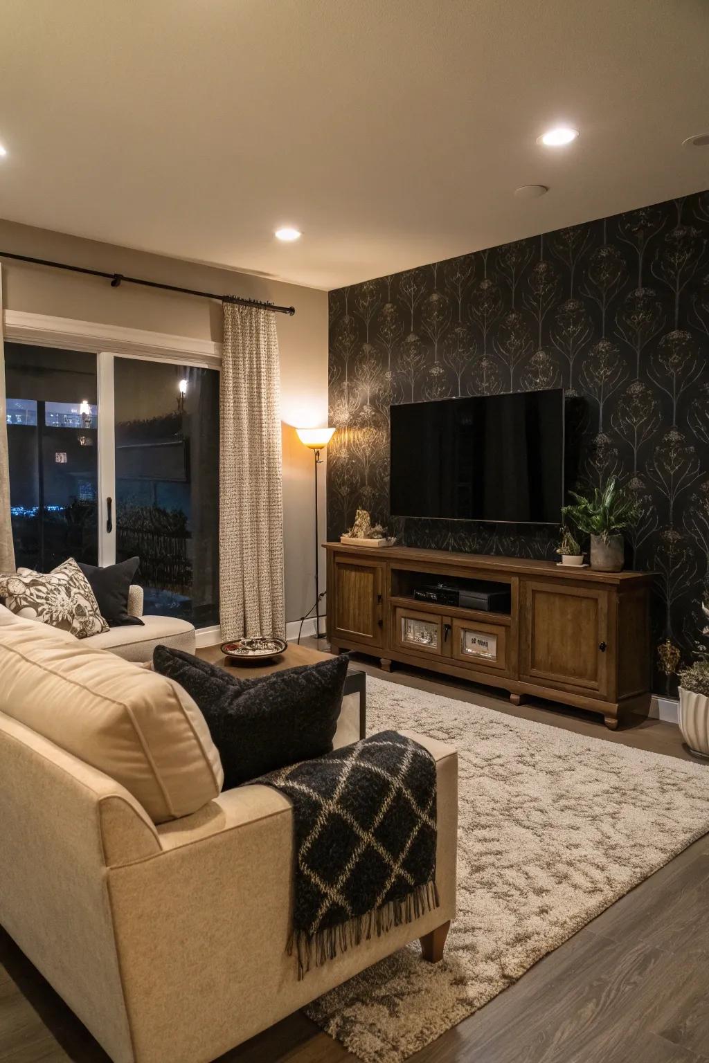 A deep-toned setting hides the TV, lessening its visual dominance.