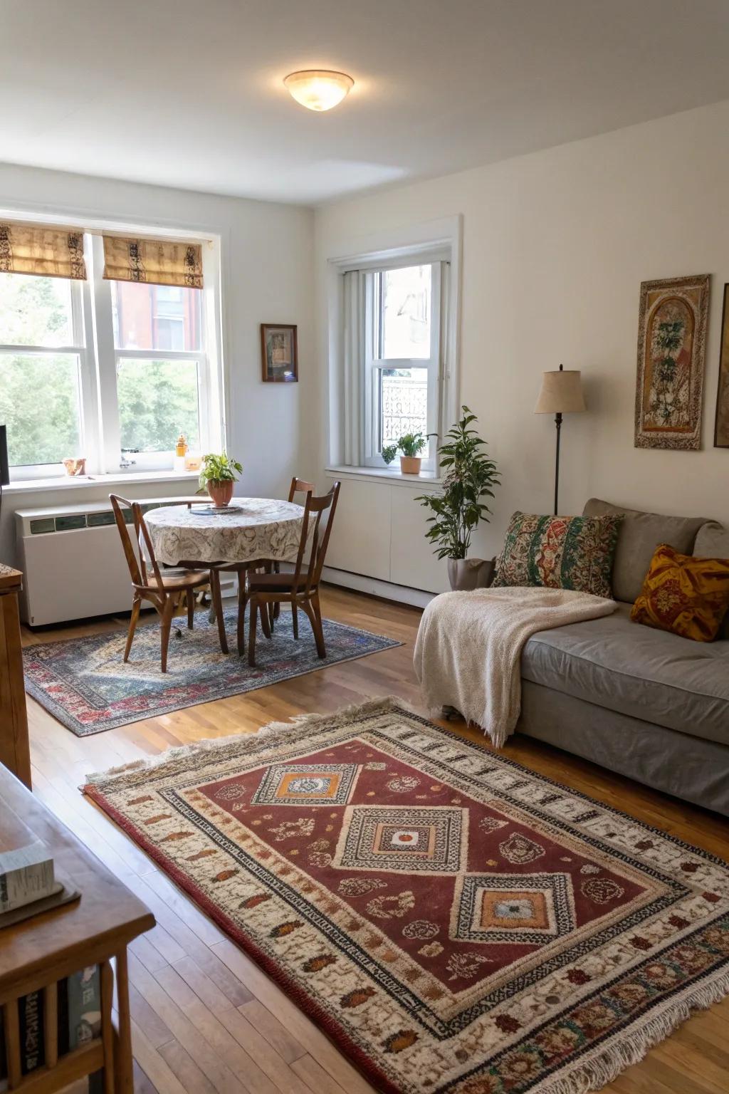 Rugs can visually separate areas while enhancing warmth and texture.