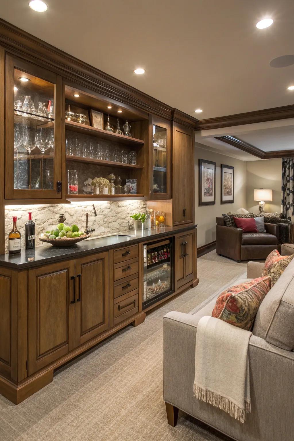 A dwelling bar lending a social element to the den.