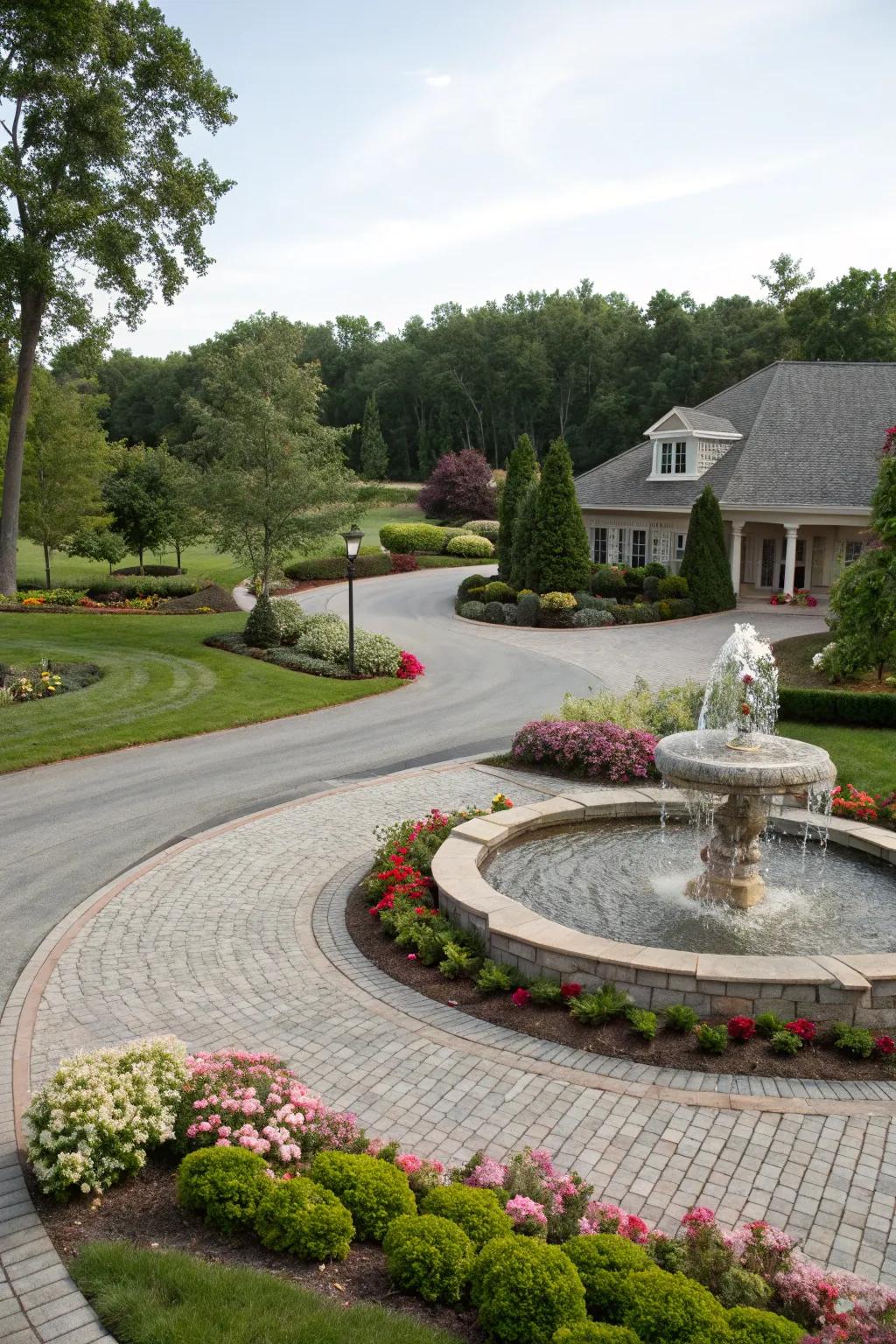 A tranquil water feature adds a touch of serenity to this beautifully landscaped driveway.