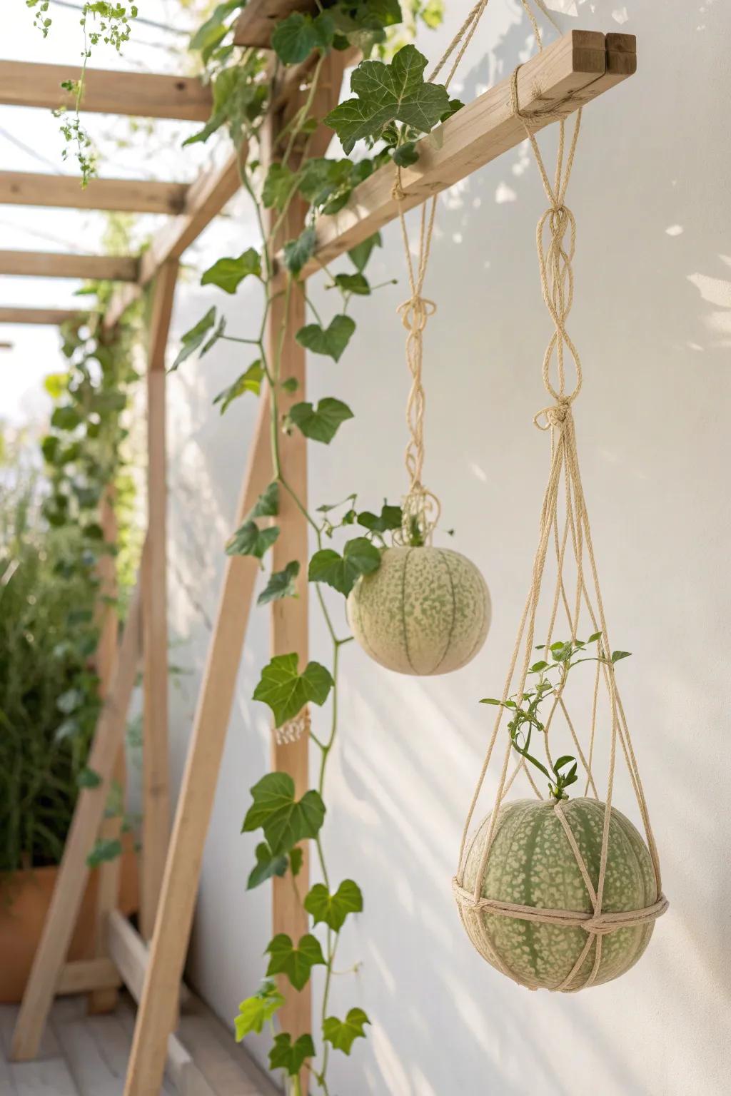 Elevate your garden's beauty with a stylish DIY hanging cantaloupe trellis. Simple, natural, and captivating.