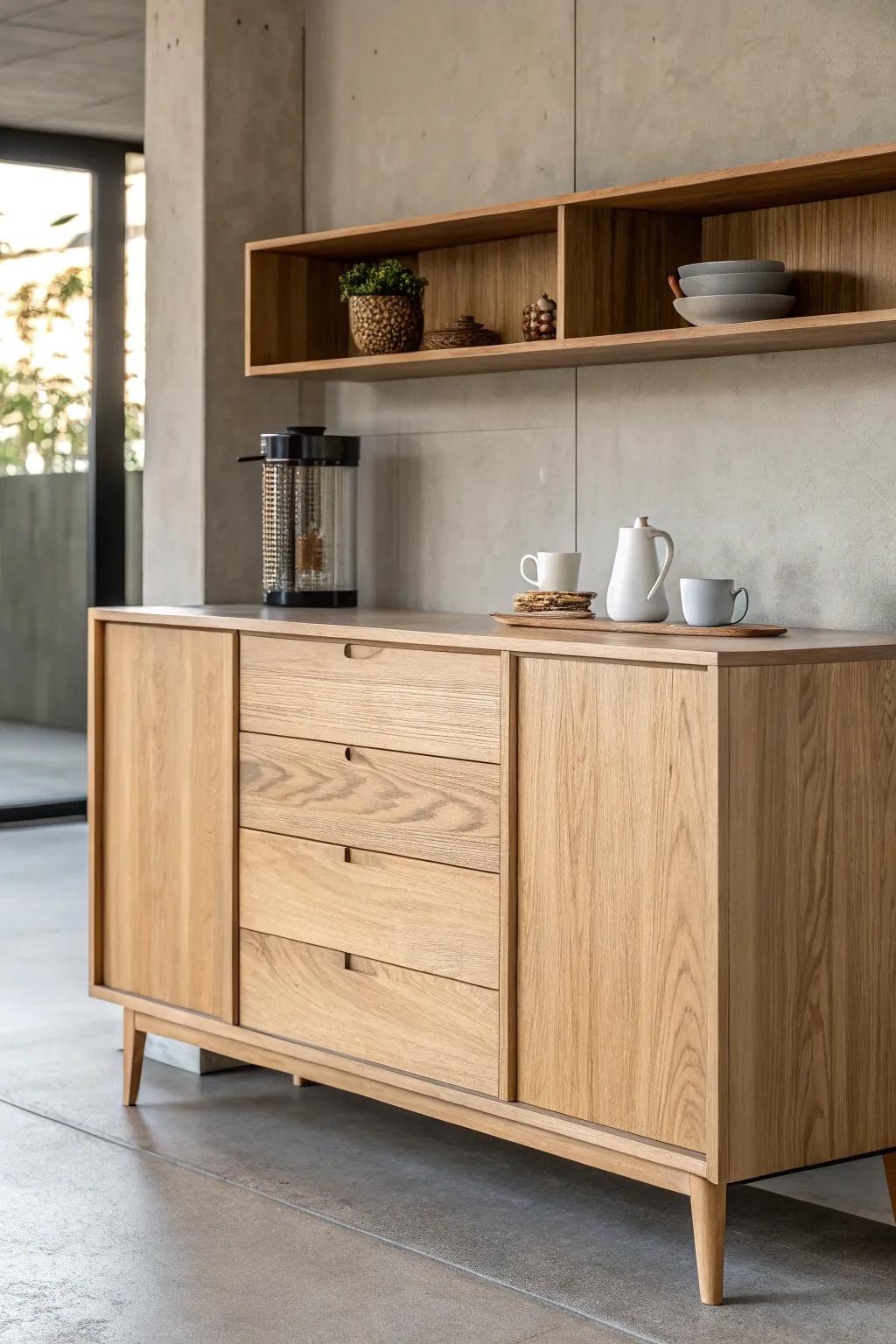 Discover the beauty of simplicity with hidden storage solutions for your coffee sanctuary.