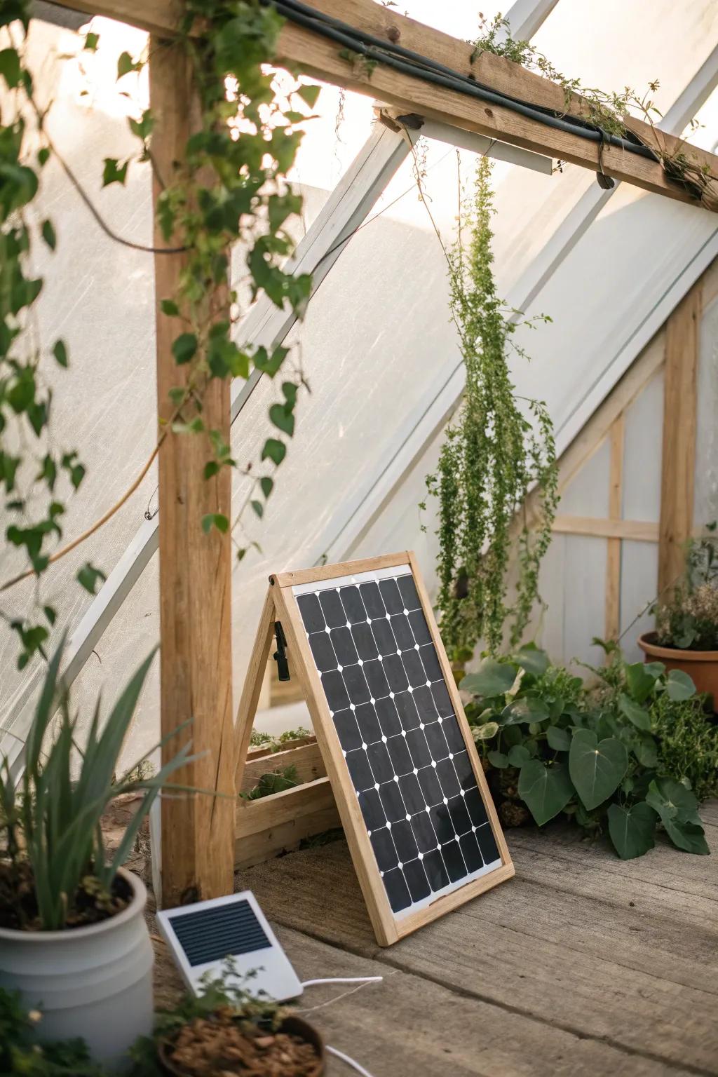 Harness the sun's power with minimalist charm: Solar panels for a sustainable greenhouse oasis.