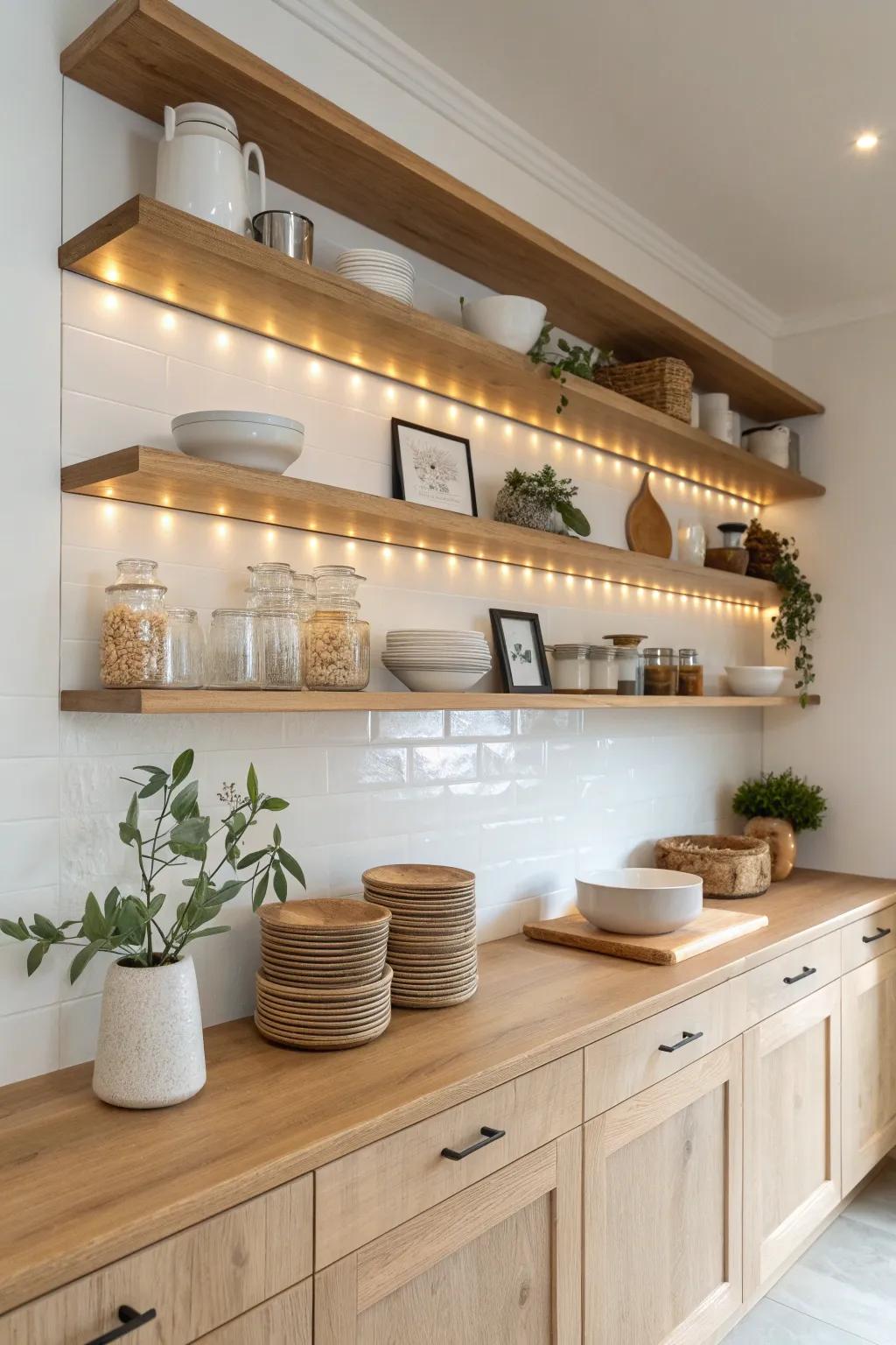 Illuminate your kitchen with the subtle charm of built-in shelf lighting for a cozy, late-night snack ambiance.