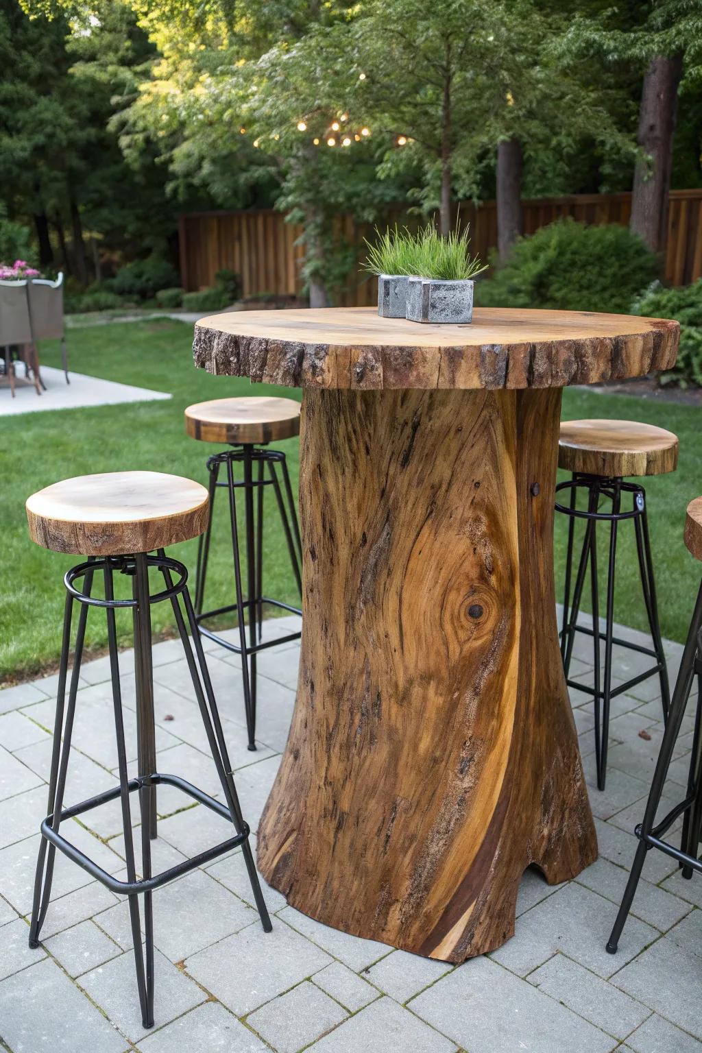 Transform your backyard with a stunning tree stump bar that blends rustic beauty with eco-friendly design.