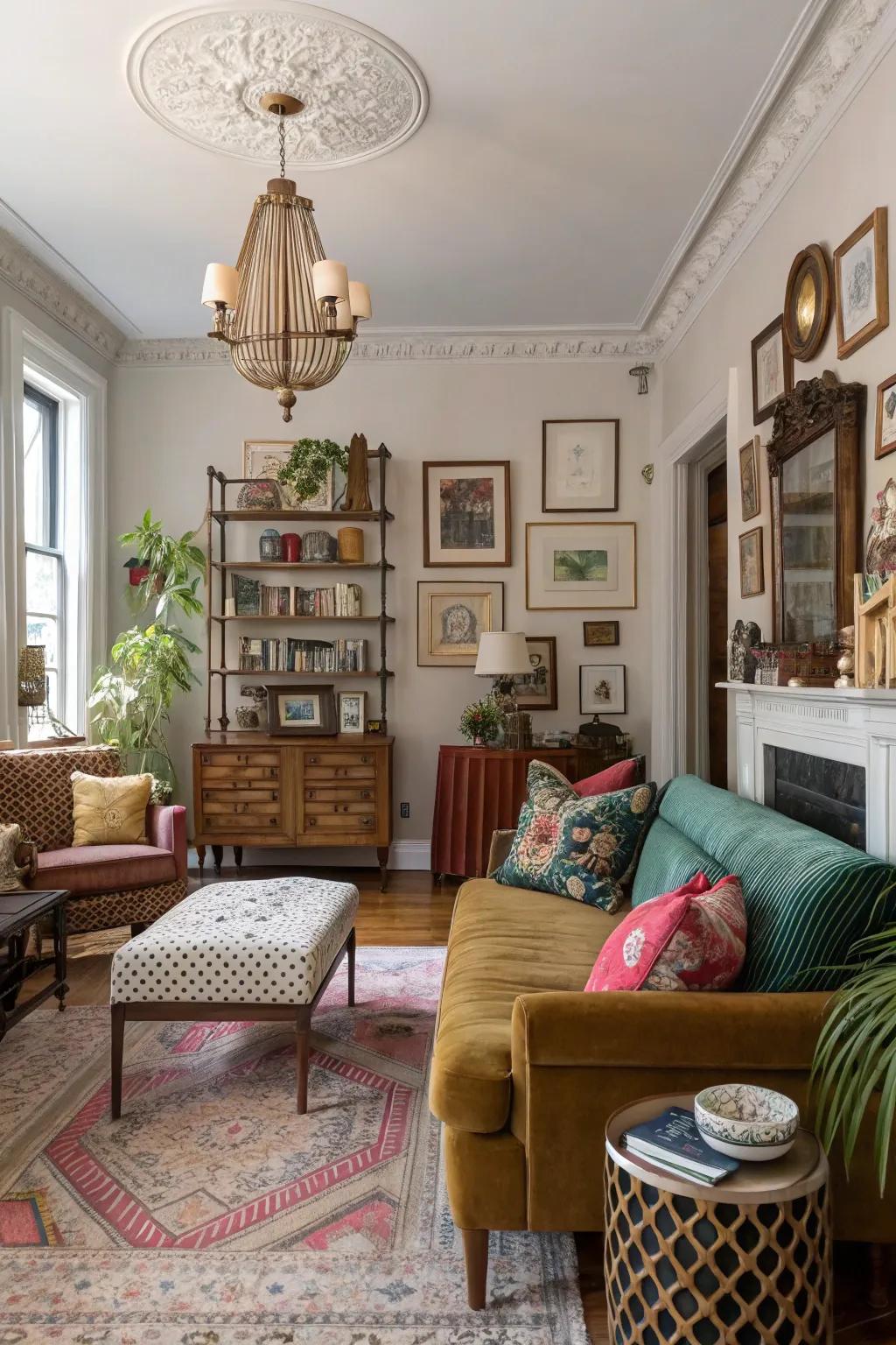 A varied mix of decor styles fashions a unique and harmonious space.