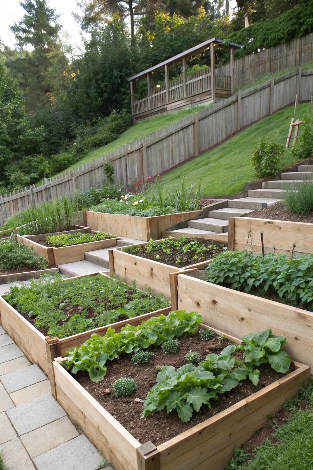 A cultivation plot on a slope offers fresh produce and effective space usage.