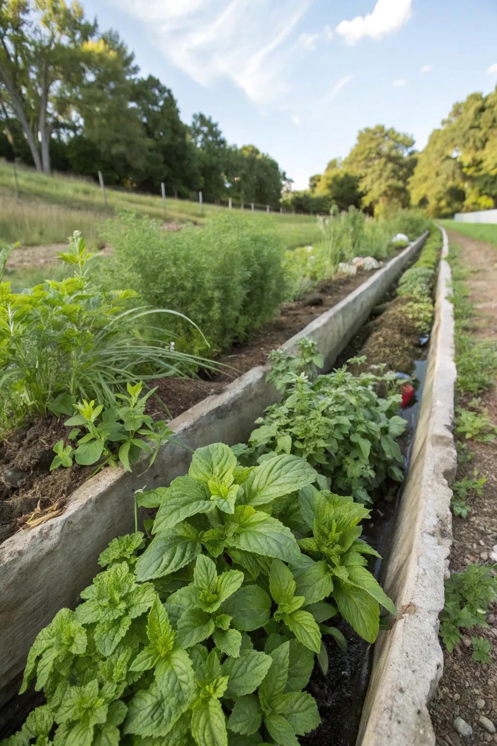 Edible plants along a swale offer both beauty and bounty.