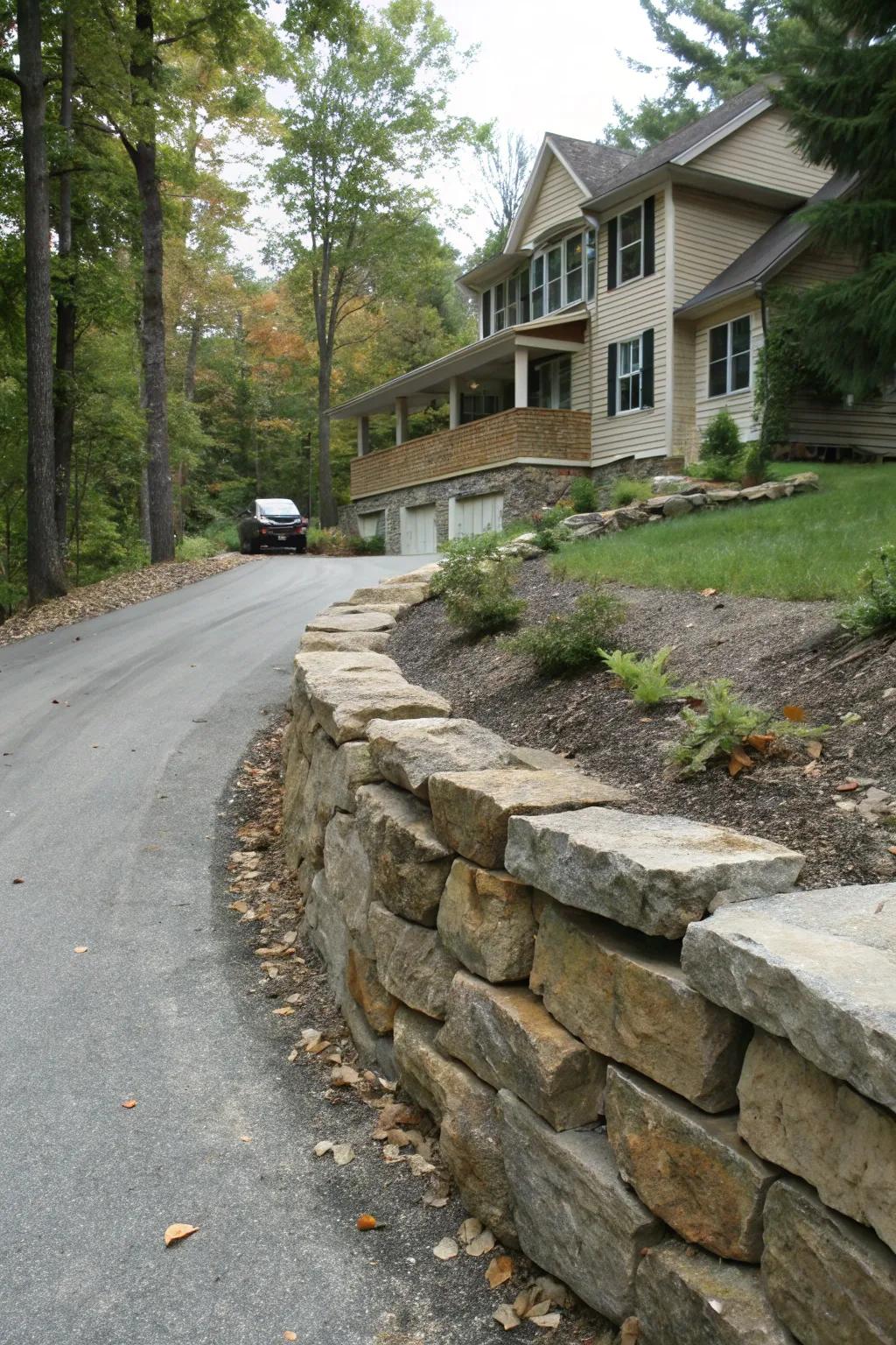 A rustic boulder wall imparts historic charm to the berm.
