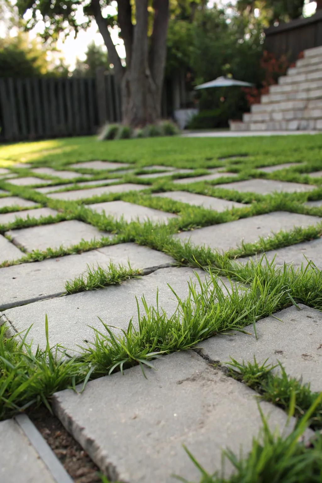 Pavers fused with grass for a balanced aesthetic.