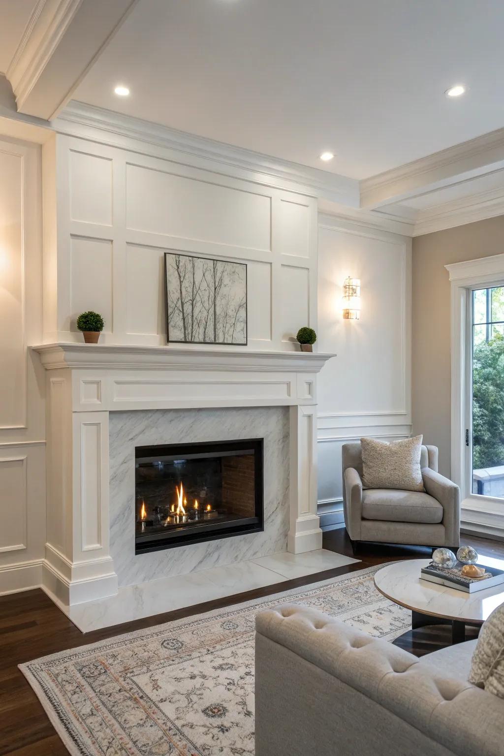 A modern ledge enhances the plasterboard hearth's contemporary appeal.