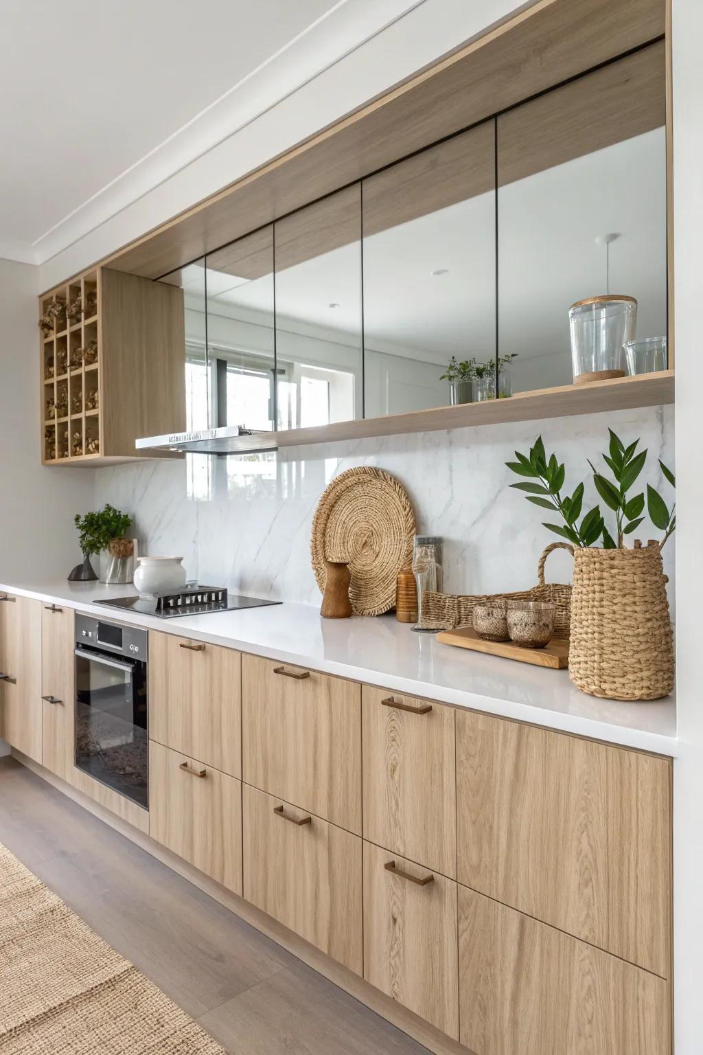 Transform your kitchen with a mirrored backsplash for elegance and a sense of space.