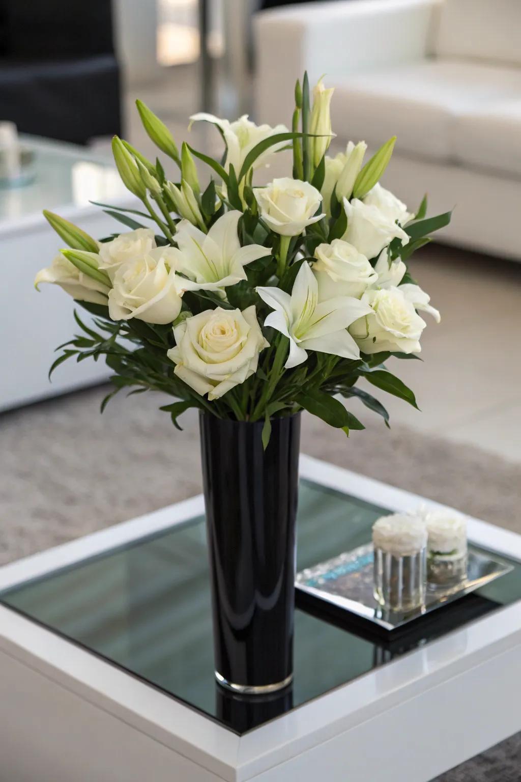 Monochrome arrangements exude sophistication and elegance.
