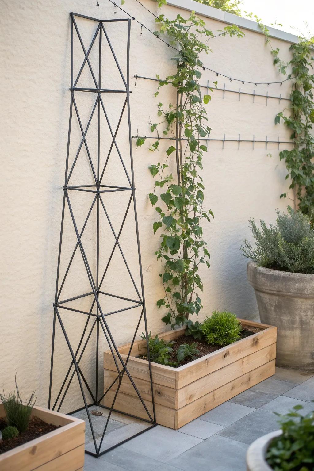 Elevate your garden with a chic geometric metal trellis—where modern design meets natural elegance.
