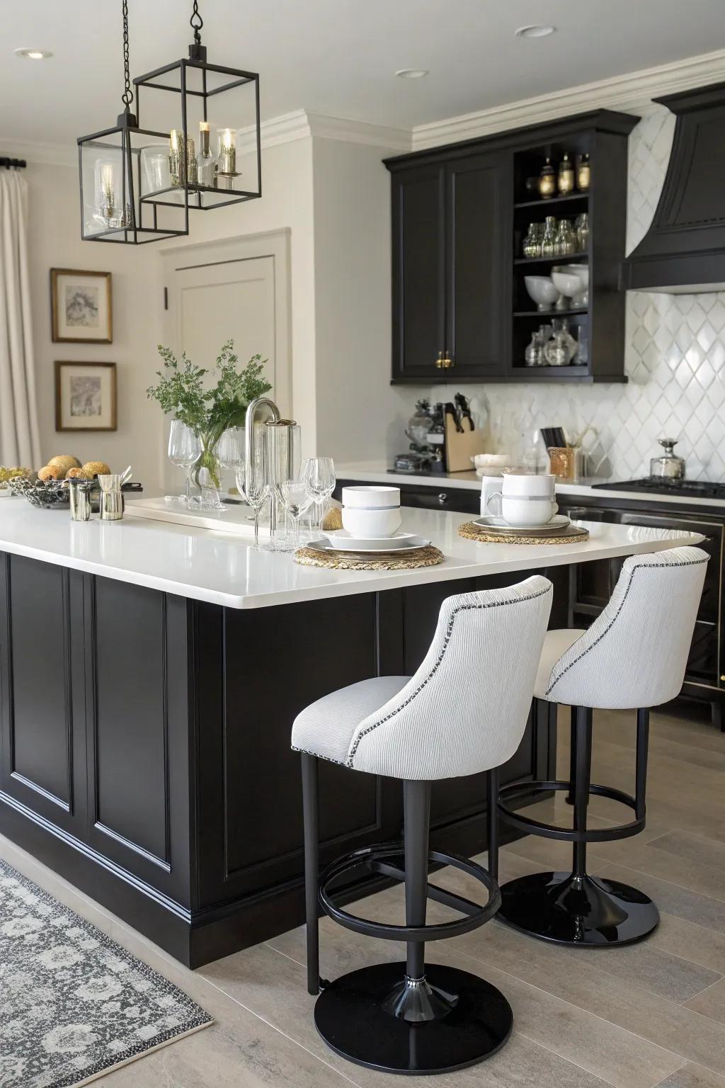 A stylish island showcasing a classic black and white contrast.