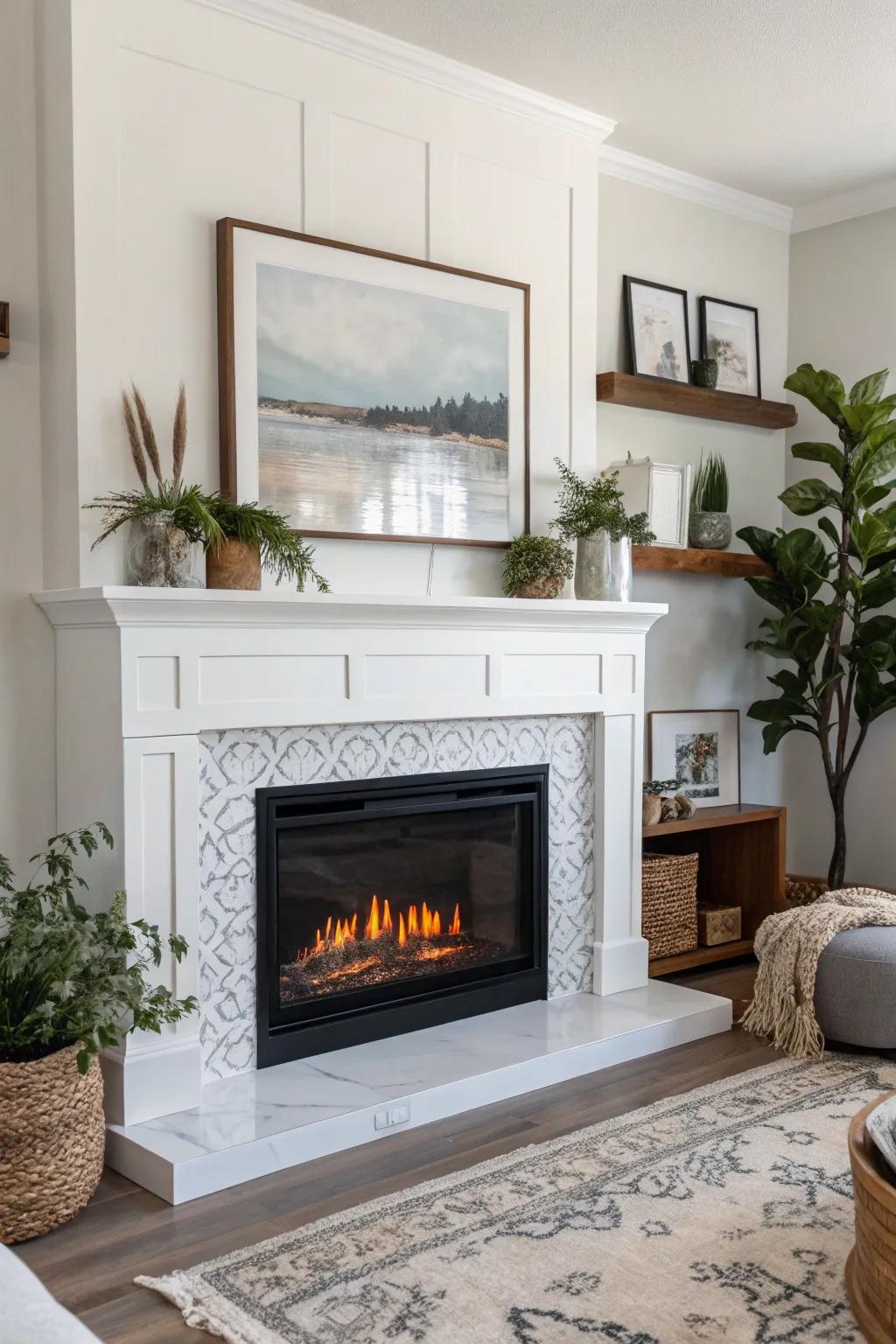 A modern mantel framing an electric fireplace