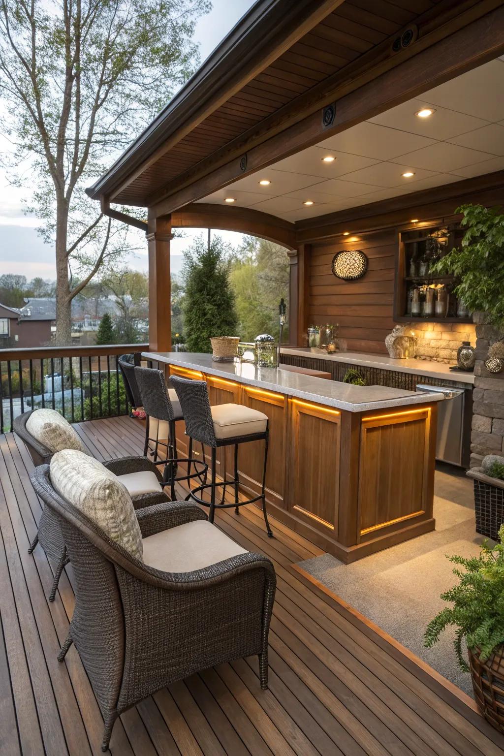 A chic built-in bar on an enclosed deck.