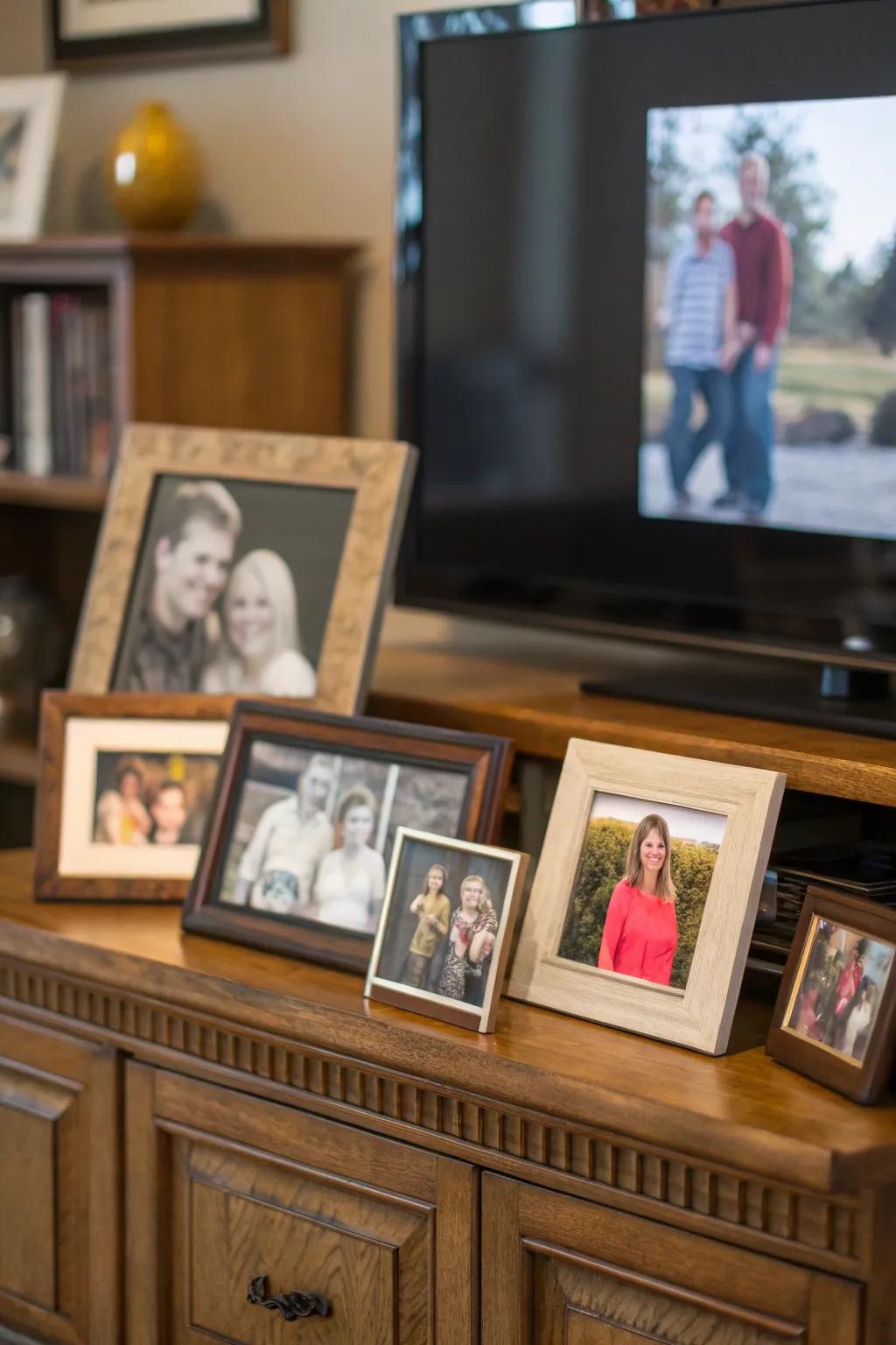 An array of family photos adds a personal touch to this media center.