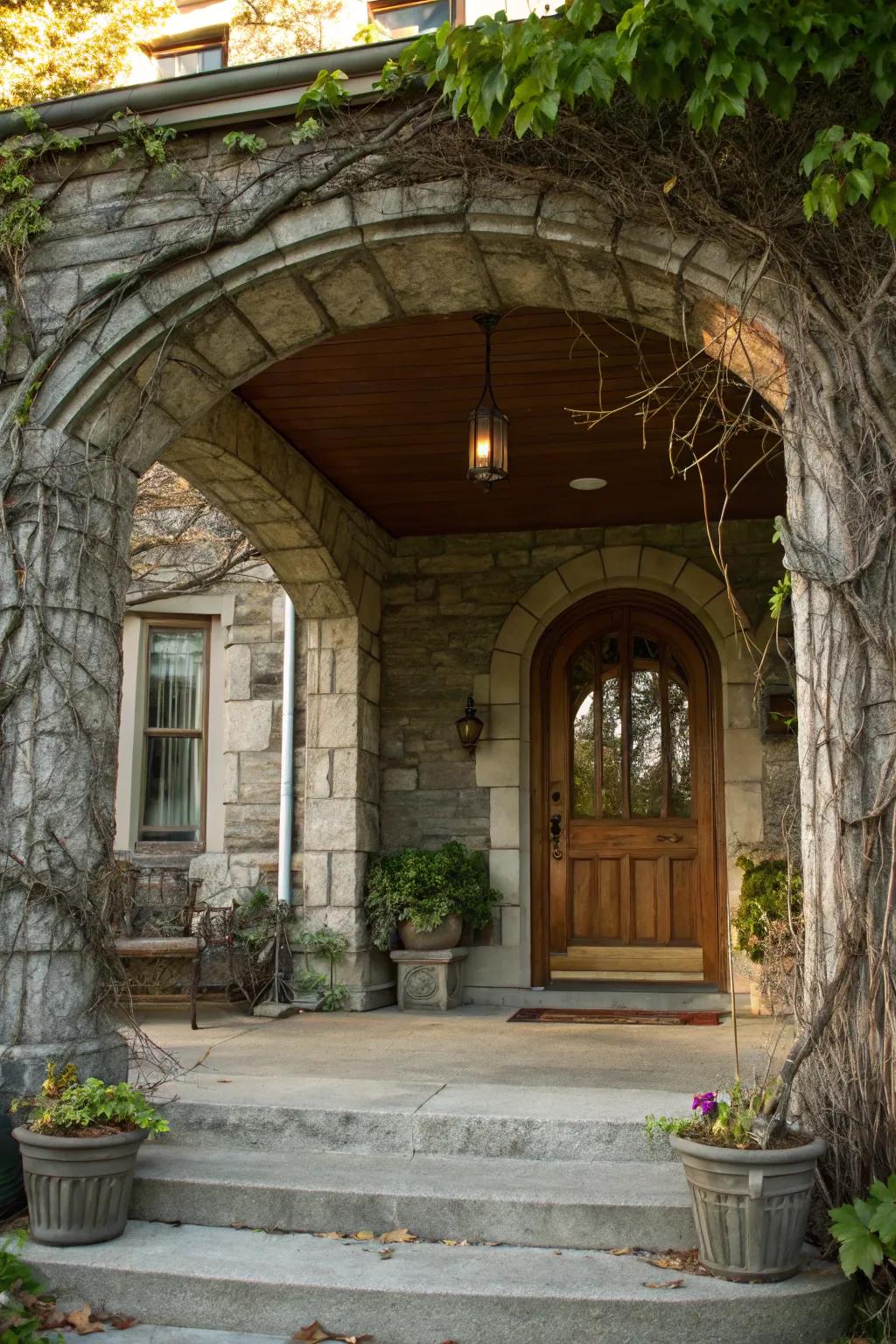 A stunning stone arch that elevates the grace of the front porch.
