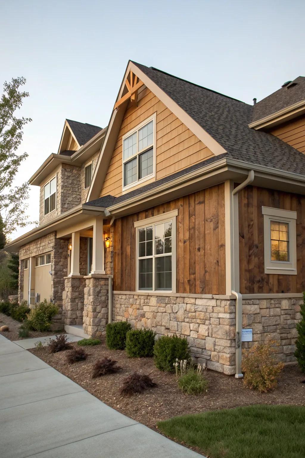 A home exterior featuring a mix of stone and wood paneling.