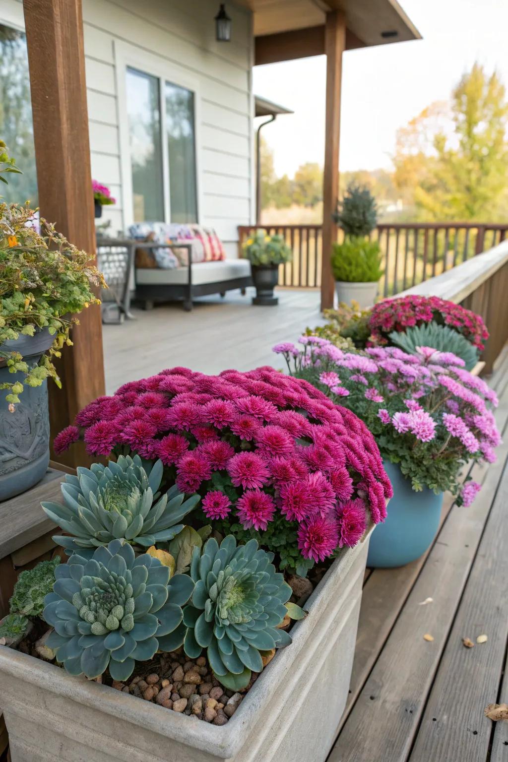 Pot gardens bring color to porches and patios.
